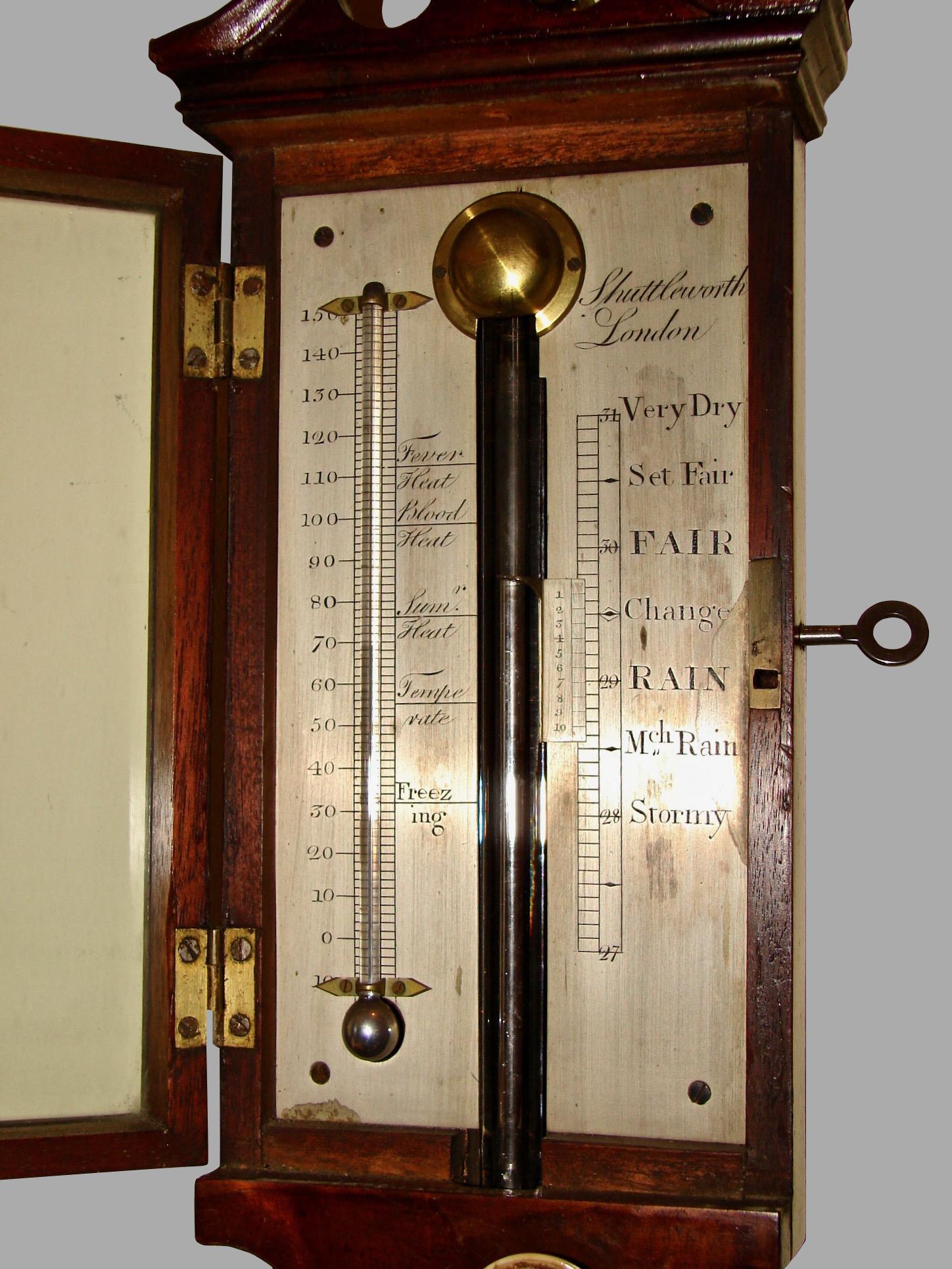 A fine George III mahogany stick barometer and thermometer with an engraved silvered register, made and signed by Henry Raines Shuttleworth, London. Shuttleworth flourished from 1746-1811 and was a well-regarded optician and instrument maker.