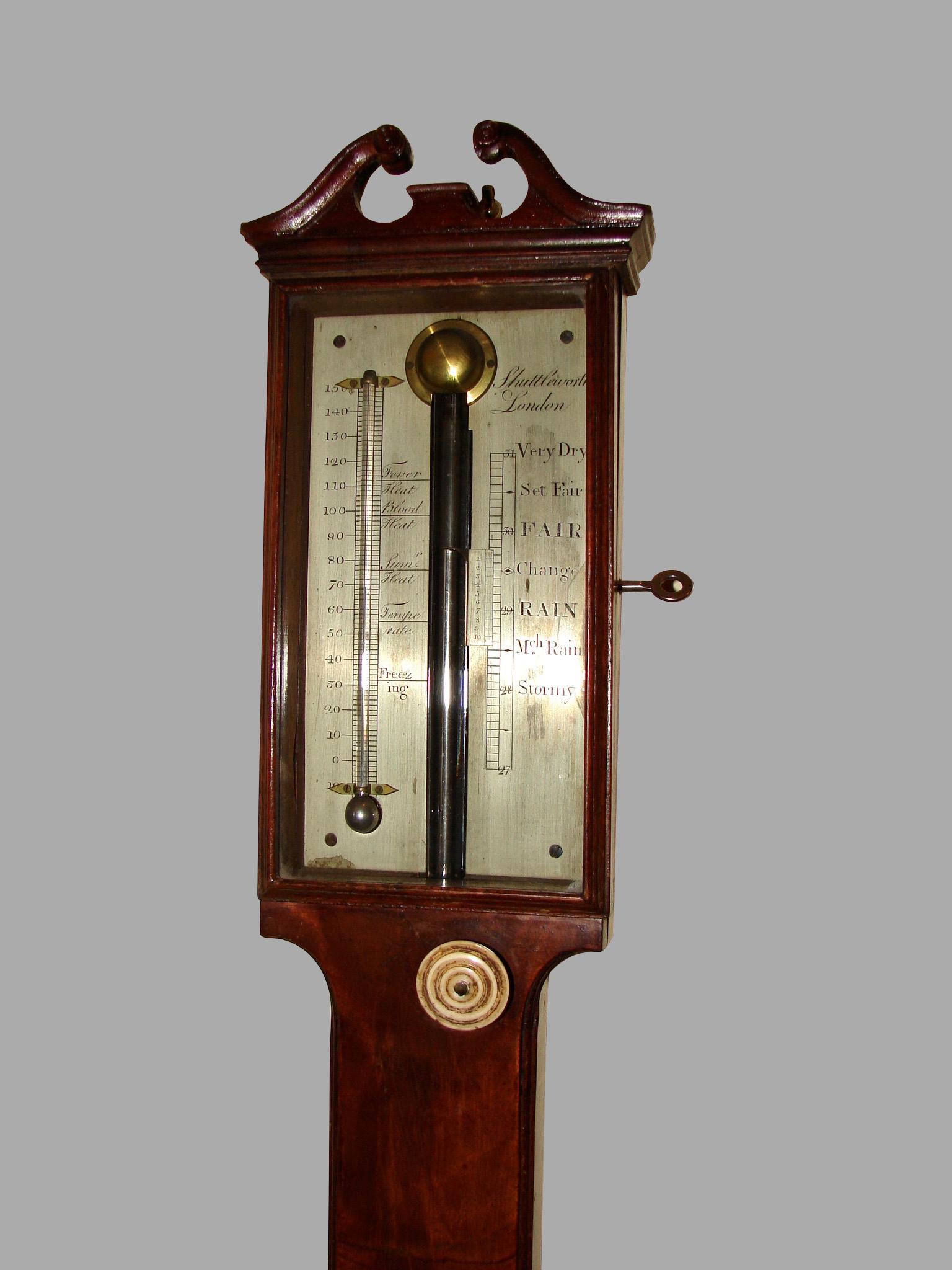 Silvered George III Mahogany Stick Barometer by Henry Shuttleworth, London
