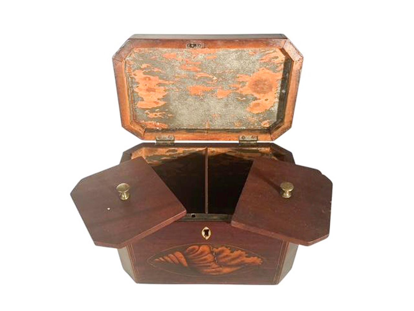 Boîte à thé George III en acajou avec coins coupés et deux incrustations de coquilles de conque en vente 1