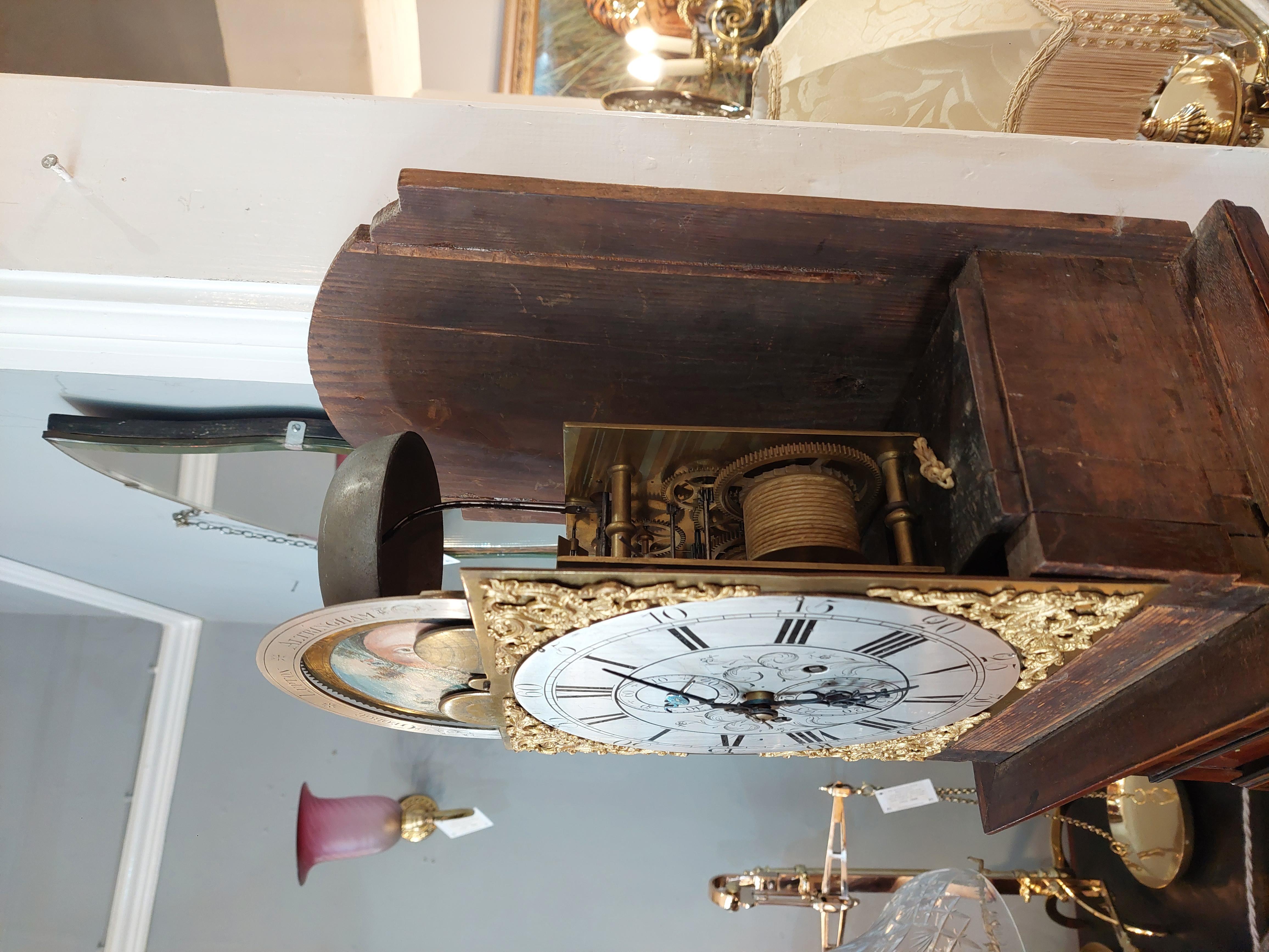 George III mahogany timepiece by George Lupton – Altrincham c1780 
 
          A very rare small grandfather clock by George Lupton – Altrincham c1800. The 9” dial enclosed in a sleek mahogany case with ebony string inlay and splayed bracket feet.