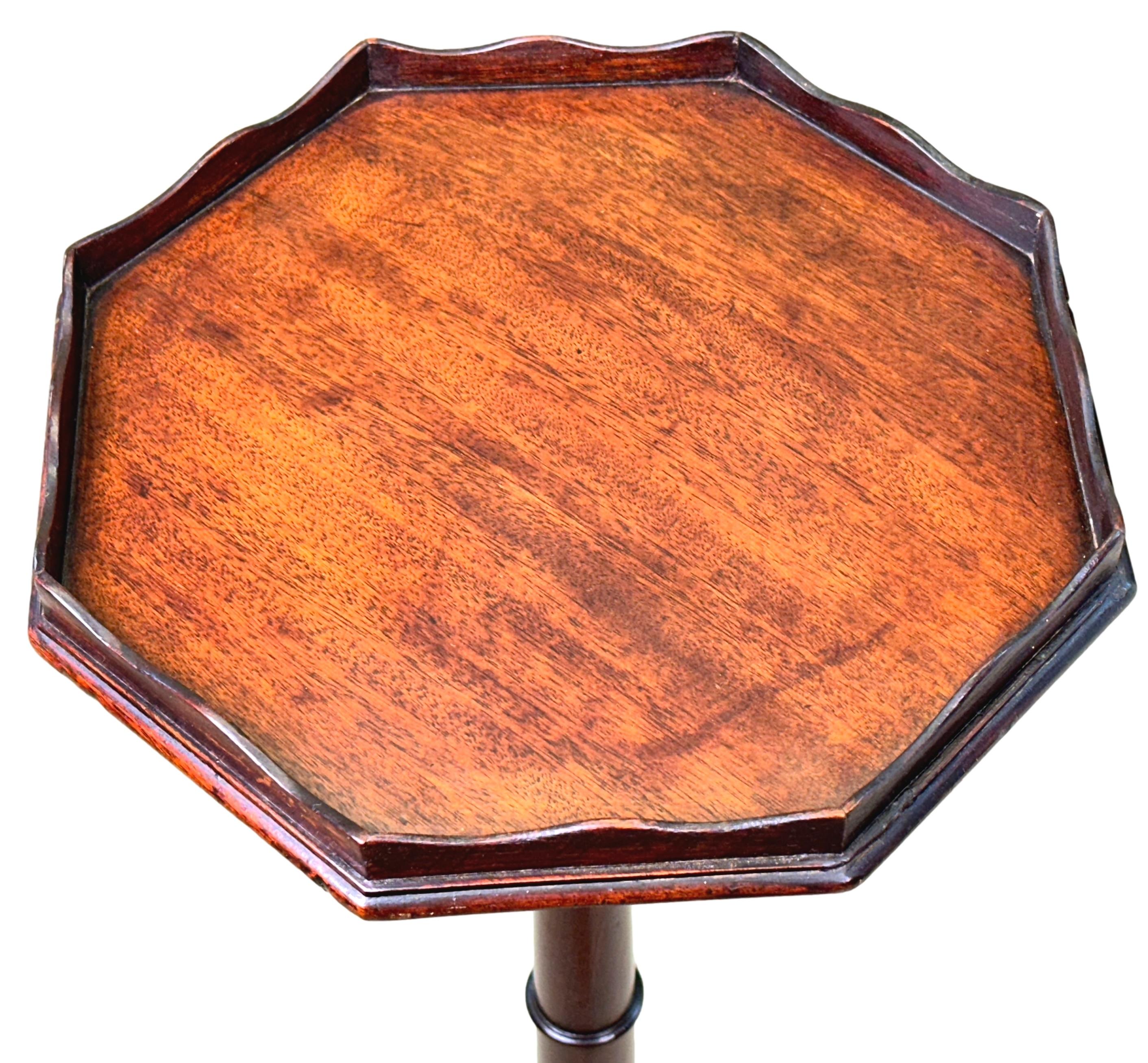 An Extremely Attractive And Very Good Quality Late 18th Century, George III Period, Mahogany Torchere, or Candle Stand, Having Well Figured Octagonal Top With Elegant Wavy Gallery, Raised On Fine Turned Central Column Terminating With Downswelt