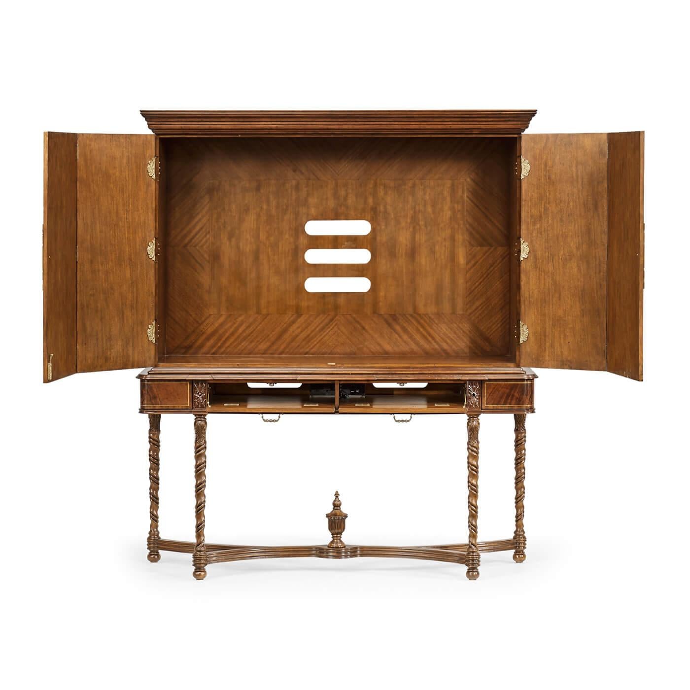 George III style crotch mahogany antique TV cabinet with four hinged doors, the veneers in a striking radiating pattern, set with finely cast patinated brass escutcheons, on a base with two drop-front drawers and turned column supports above