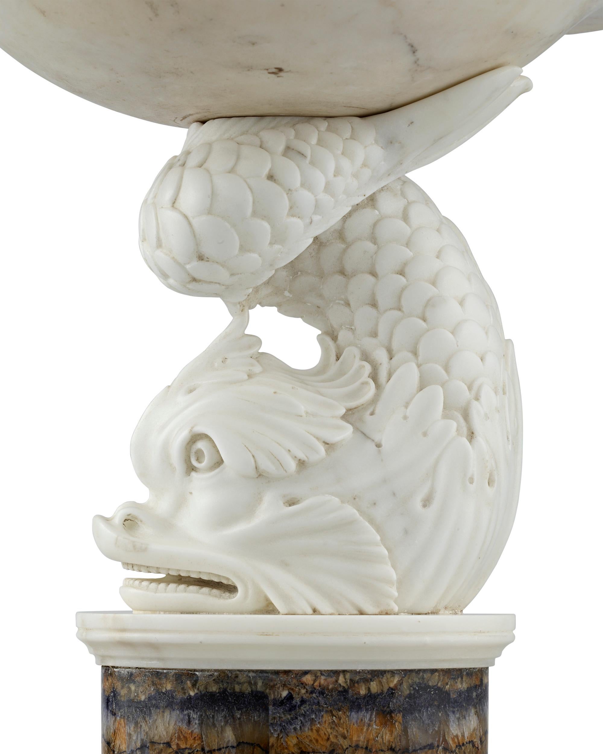 Carved George III Marble and Blue John Dolphin Tazza For Sale