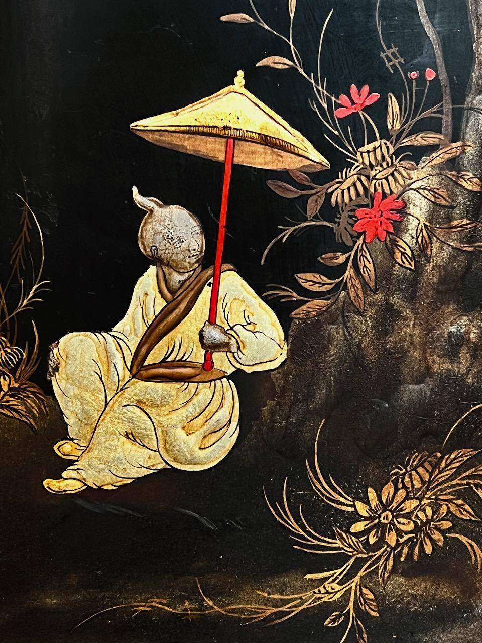 A superb 18th century George III period miniature japanned collector’s cabinet depicting Oriental scenes, exotic birds, pagodas, butterflies etc. England, circa 1795.

Original decoration, some losses to lacquer as to be expected but overall in