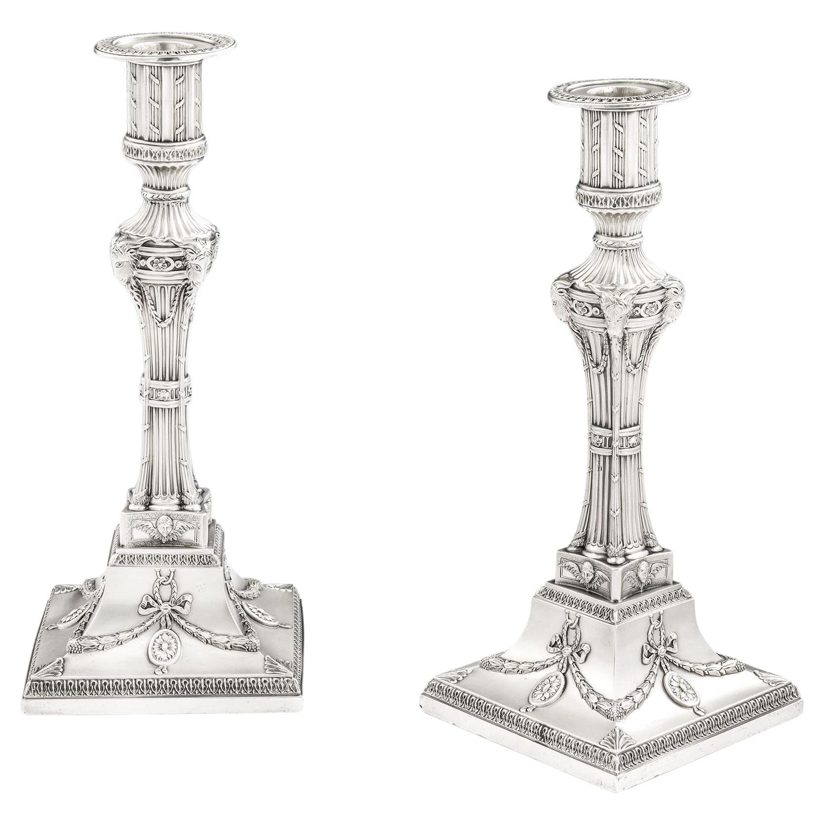 George III Neo Classical "Adam" Candlesticks by Joseph Tibbitts, 1775 For Sale