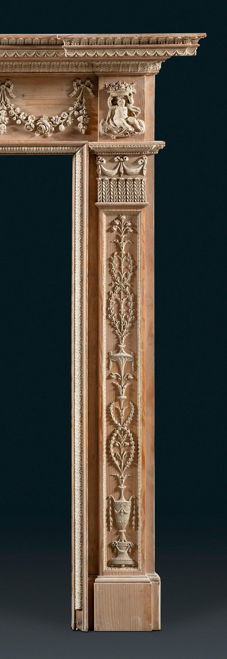 Carved 18th Century George III, Neo-Classical, Gesso Mounted Pine Fireplace Mantel