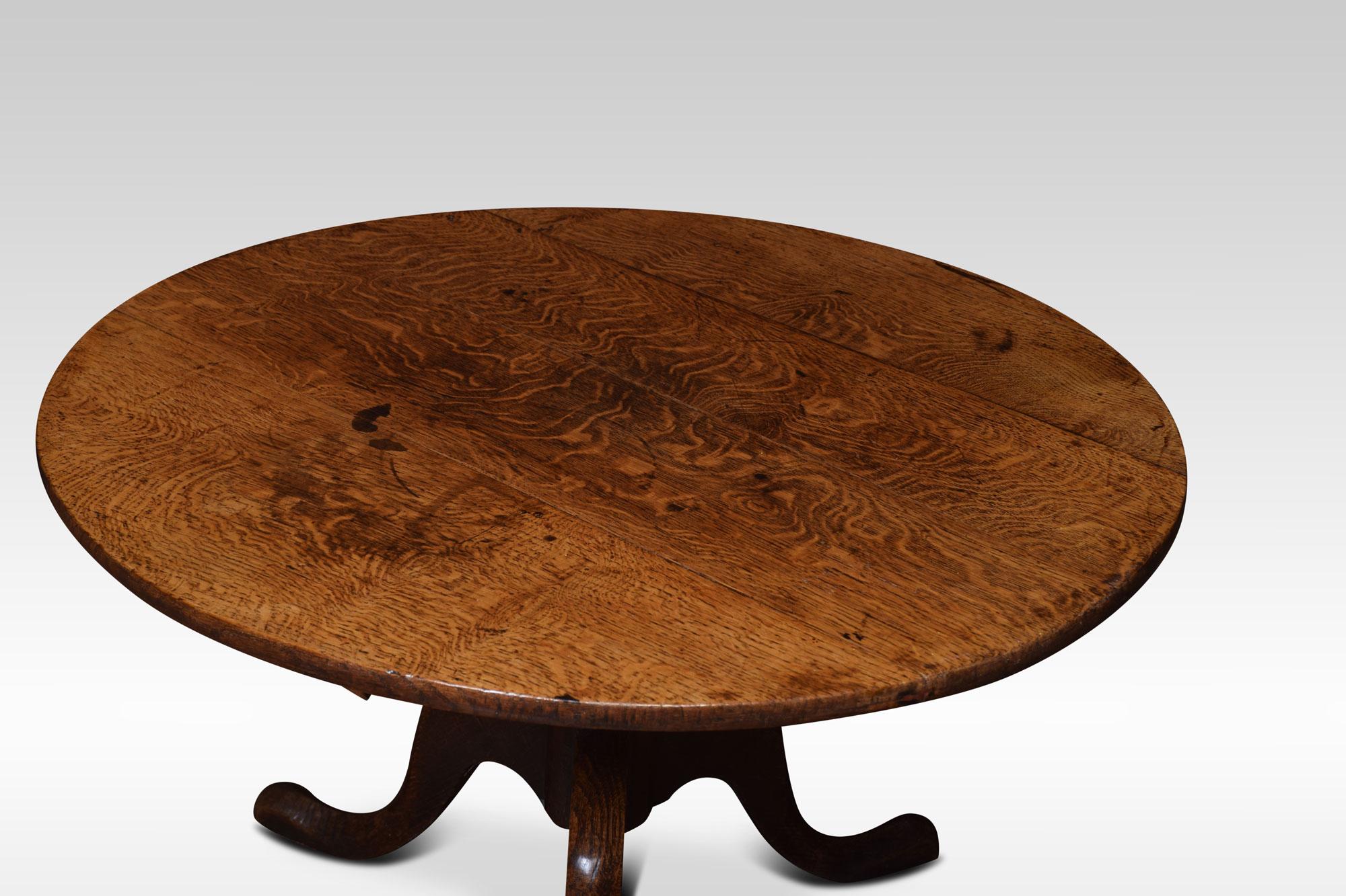 George III oak tripod table, the circular top above a reduced ring turned pedestal. All raised up on three downswept supports and pad feet.
Dimensions
Height 19.5 inches
Width 31.5 inches
Depth 31.5 inches.