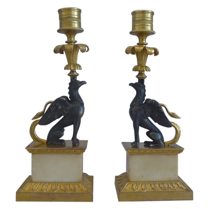 George III Ormolu and Marble Chambers Pattern Griffin Candlesticks
