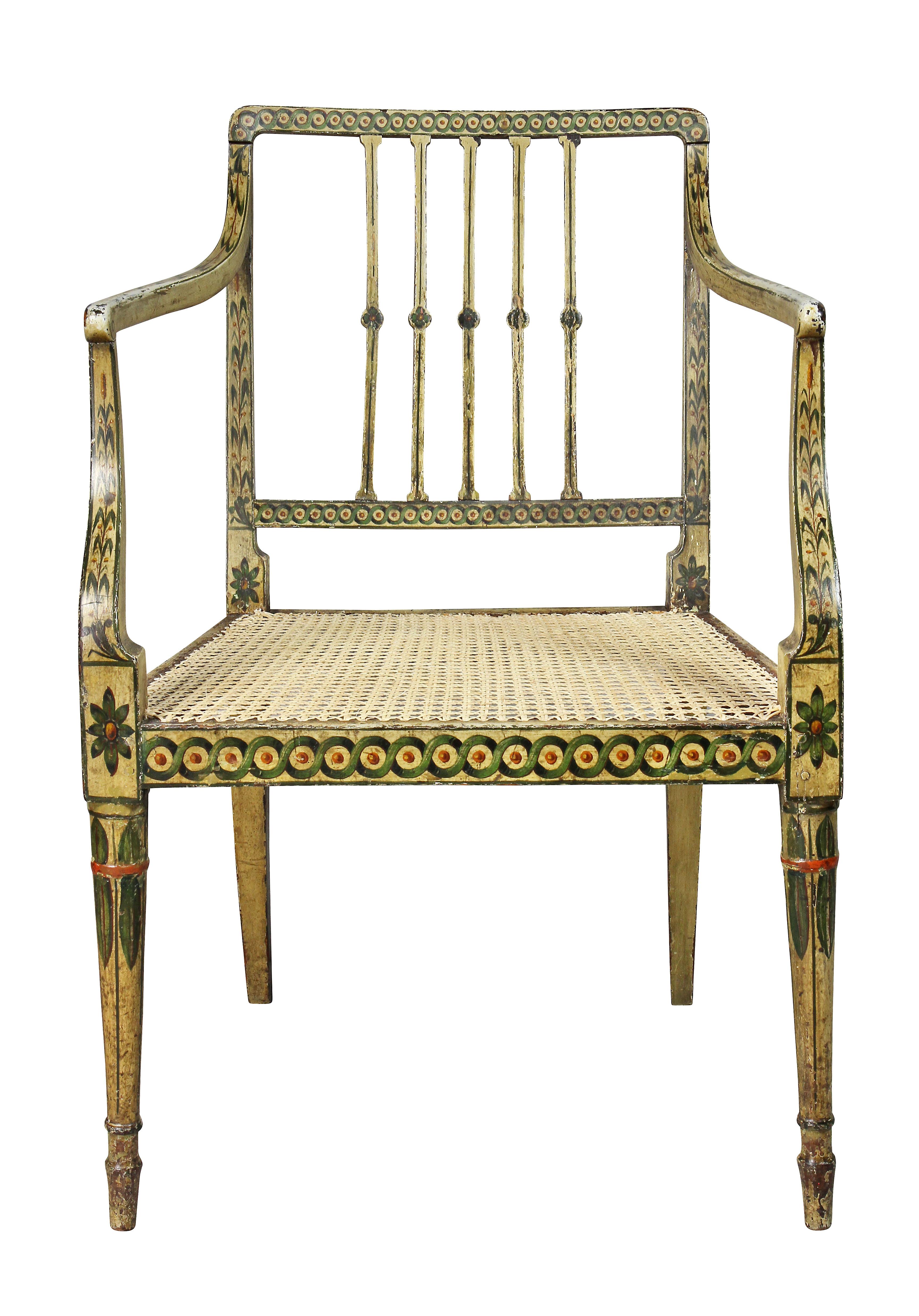 English George III Painted and Caned Armchair For Sale