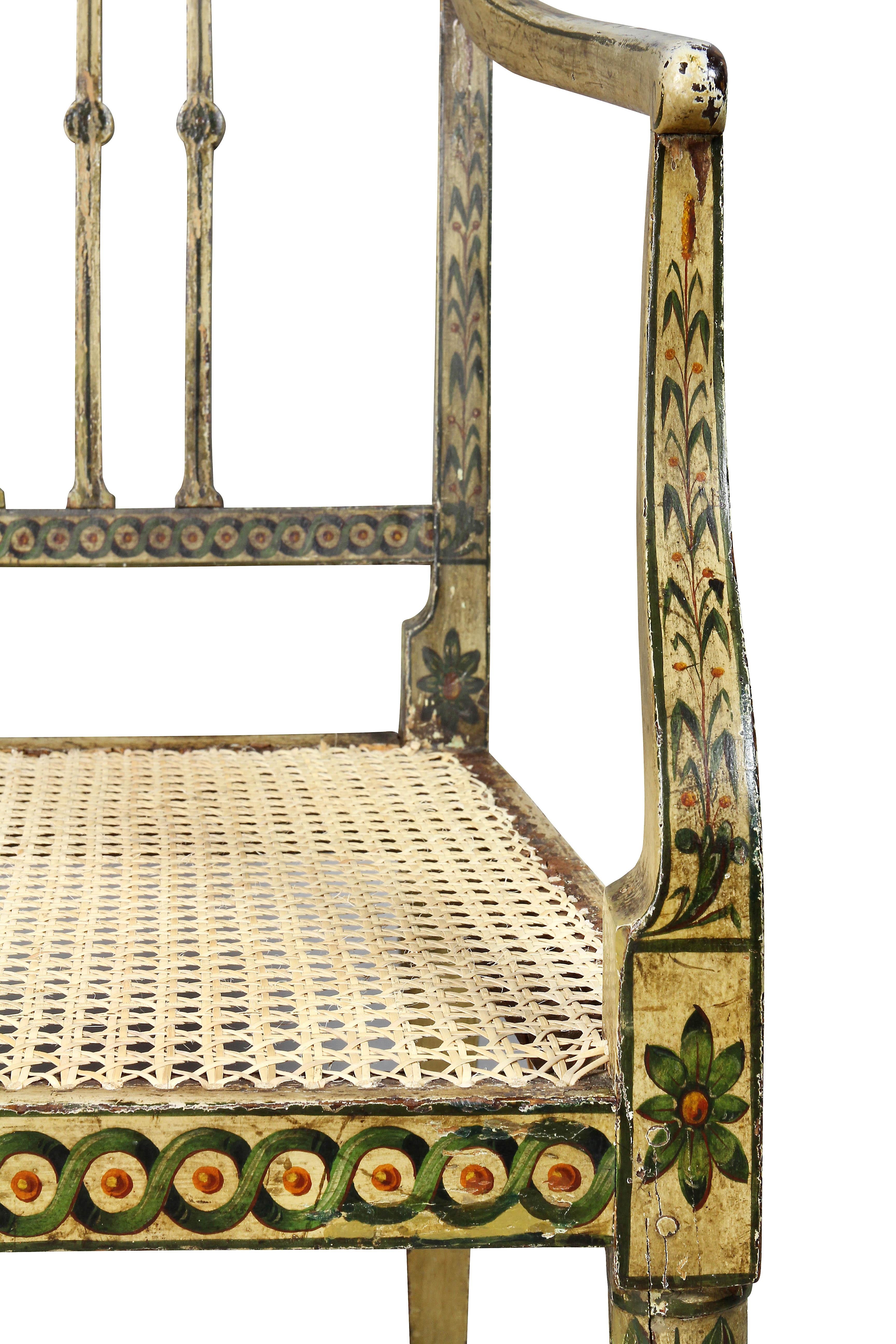 Late 18th Century George III Painted and Caned Armchair For Sale