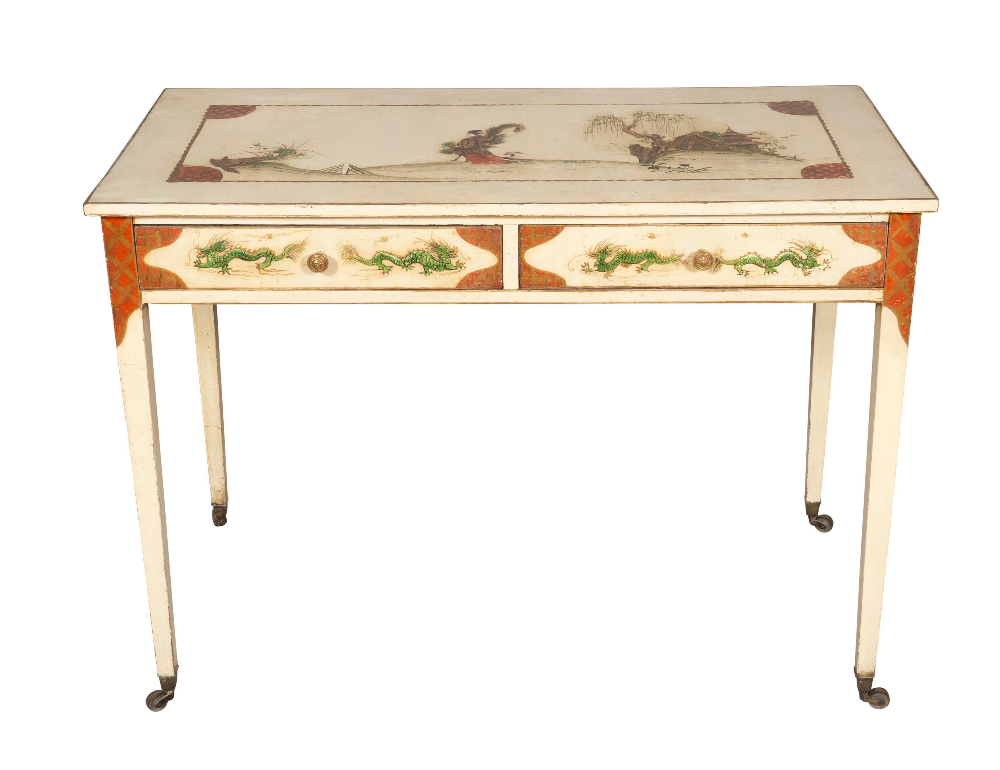 Rectangular top over two drawers raised on square tapered legs and casters. Painted overall with Chinoiserie decoration on a cream colored ground.