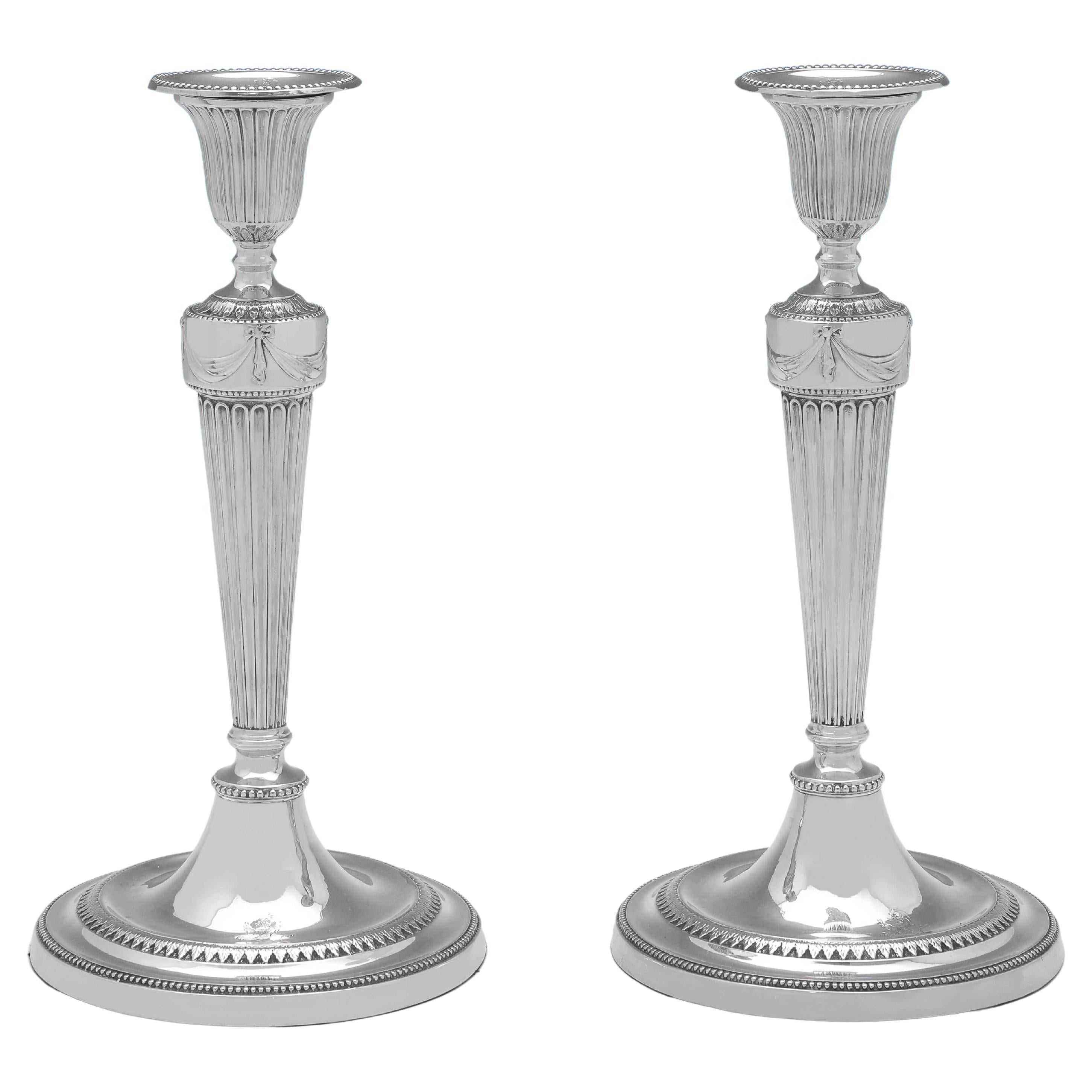 George III Pair of Neoclassical Antique Sterling Silver Candlesticks, Made 1781