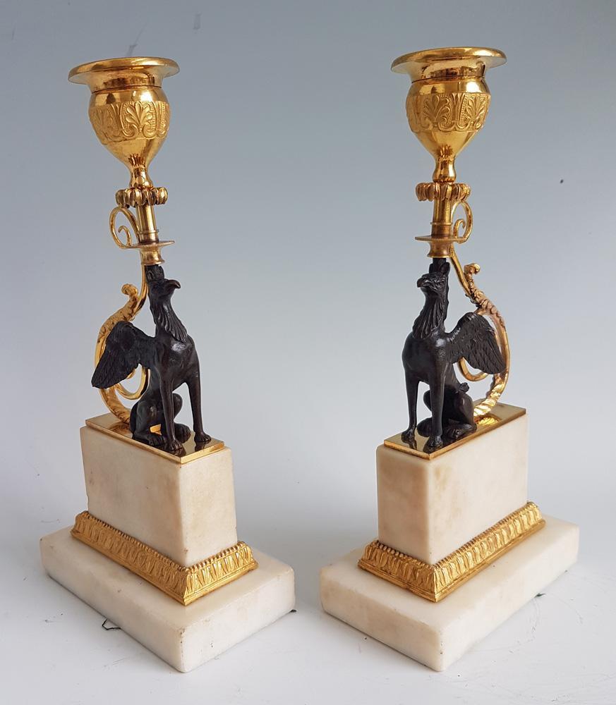 English George III Pair of Ormolu and Marble Chambers Pattern Griffin Candlesticks For Sale