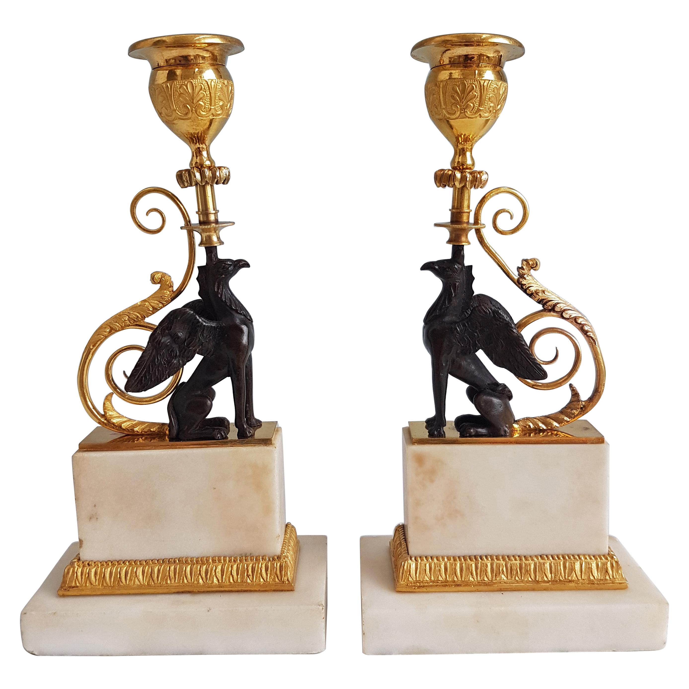 George III Pair of Ormolu and Marble Chambers Pattern Griffin Candlesticks For Sale