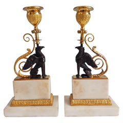 Antique George III Pair of Ormolu and Marble Chambers Pattern Griffin Candlesticks