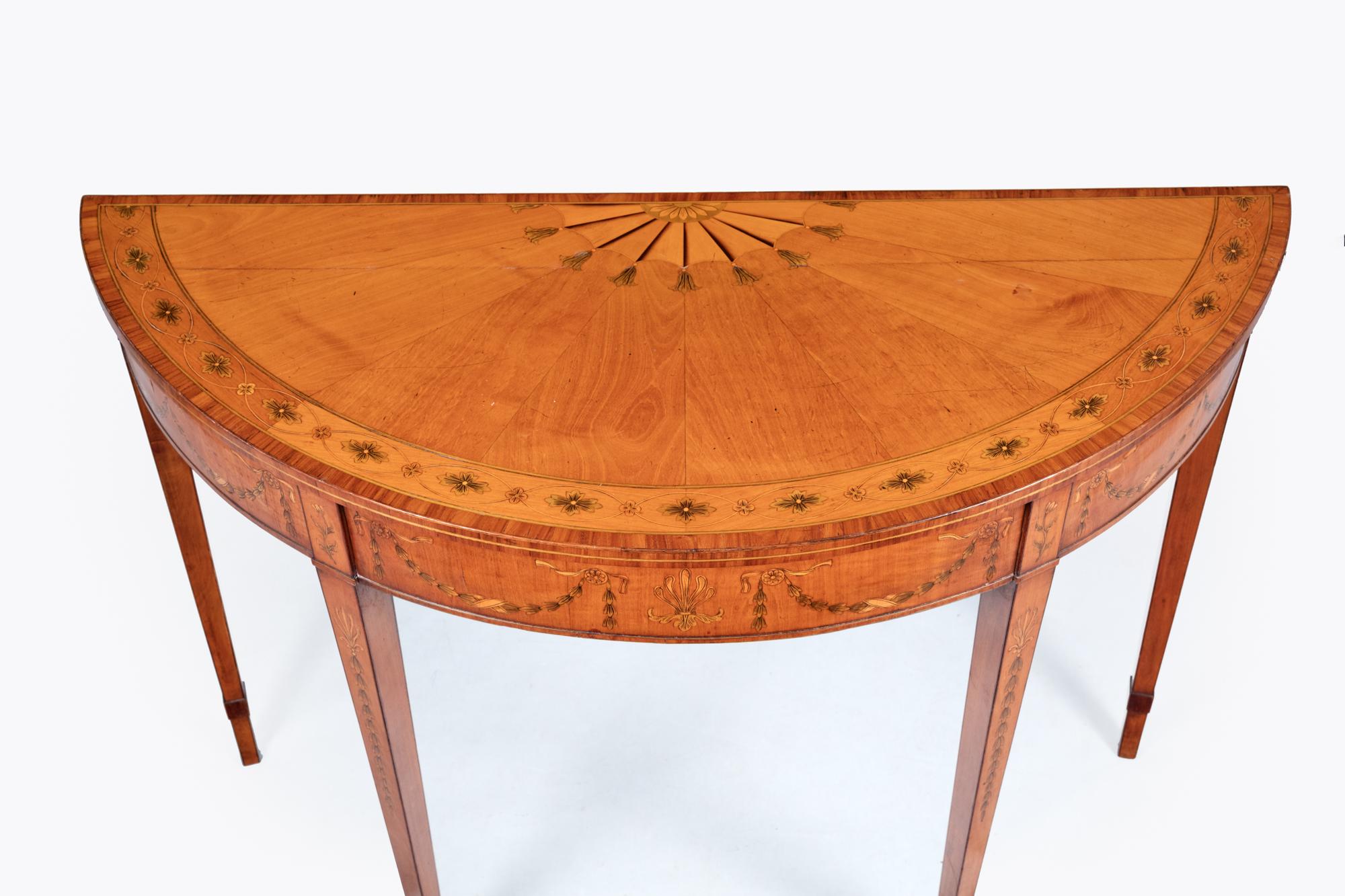 Irish George III Pair of Satinwood and Fruitwood Marquetry Demi Lune Tables For Sale