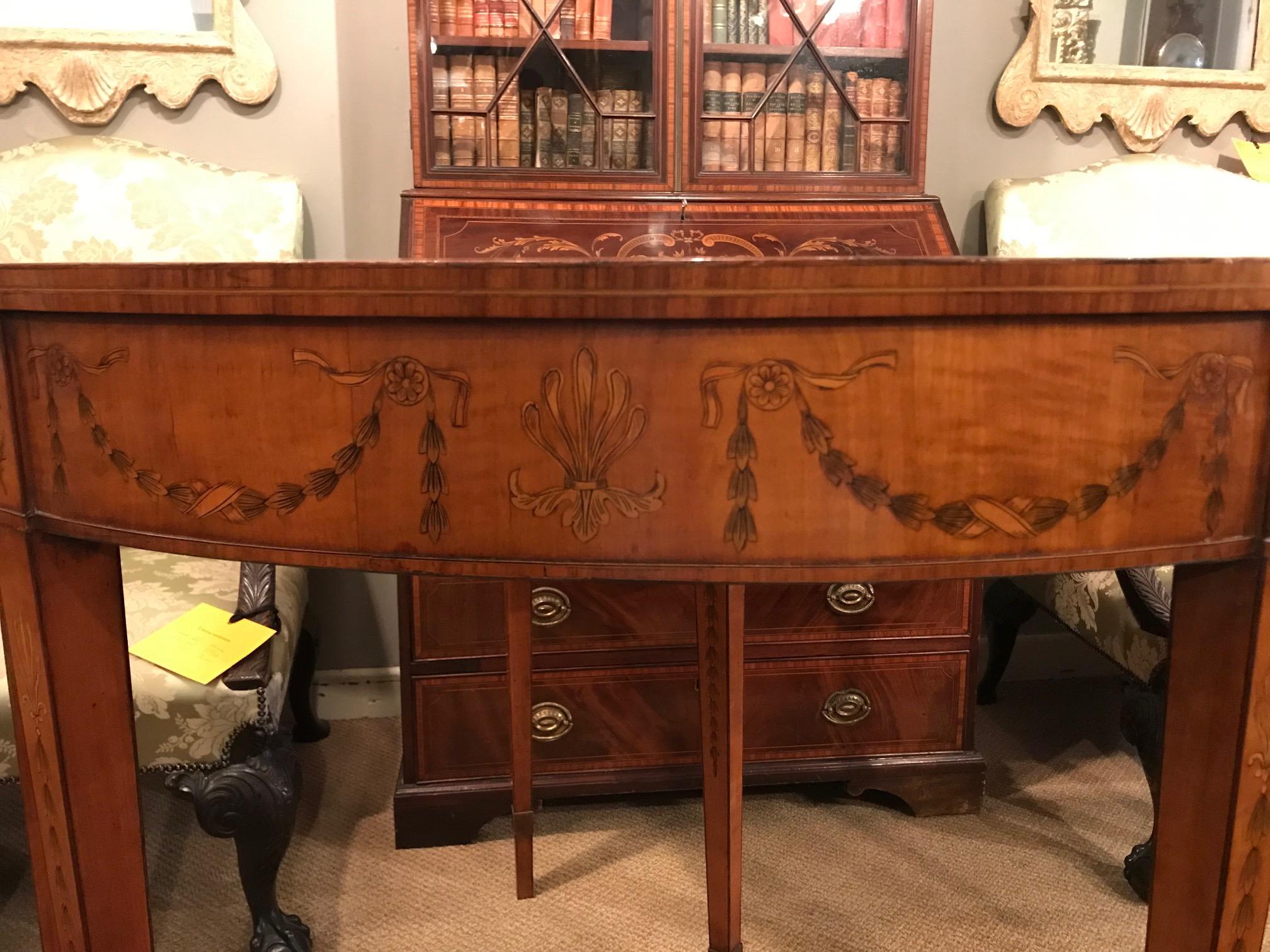 19th Century George III Pair of Satinwood and Fruitwood Marquetry Demi Lune Tables For Sale