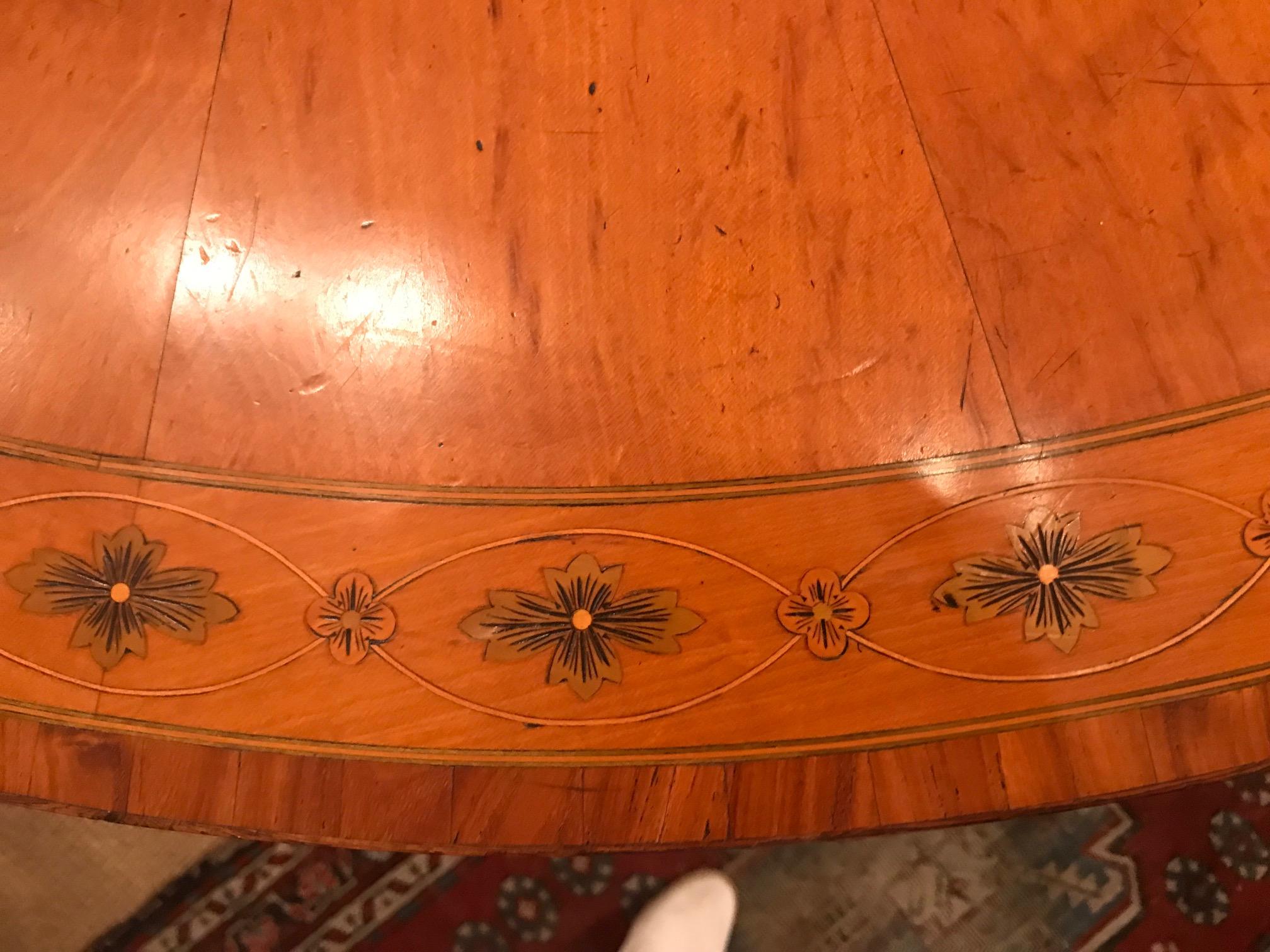 George III Pair of Satinwood and Fruitwood Marquetry Demi Lune Tables For Sale 1