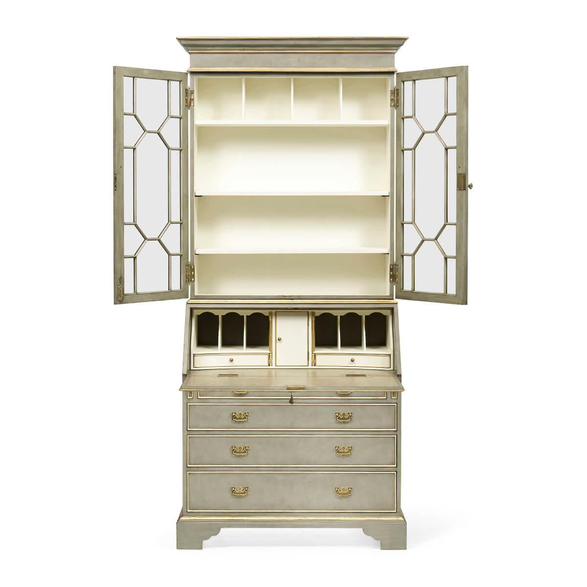 Elegant Georgian style antiqued grey painted and gilt highlighted secretary bookcase with classical pediment, geometric glazing bars over the twin doors with three adjustable shelves within, the lower section with a fall front, fully lined curved