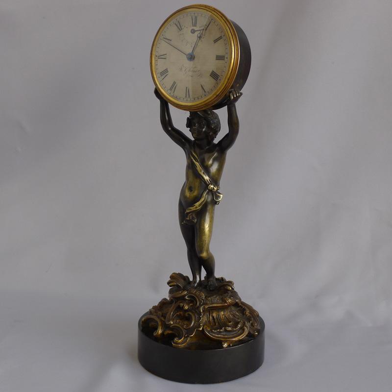 English George III Patinated Bronze and Ormolu Figural Mantel Clock Signed W. Glover For Sale