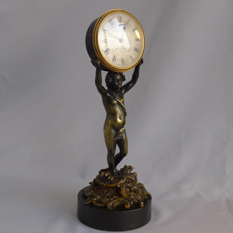 George III Patinated Bronze and Ormolu Figural Mantel Clock Signed W. Glover In Good Condition For Sale In London, GB