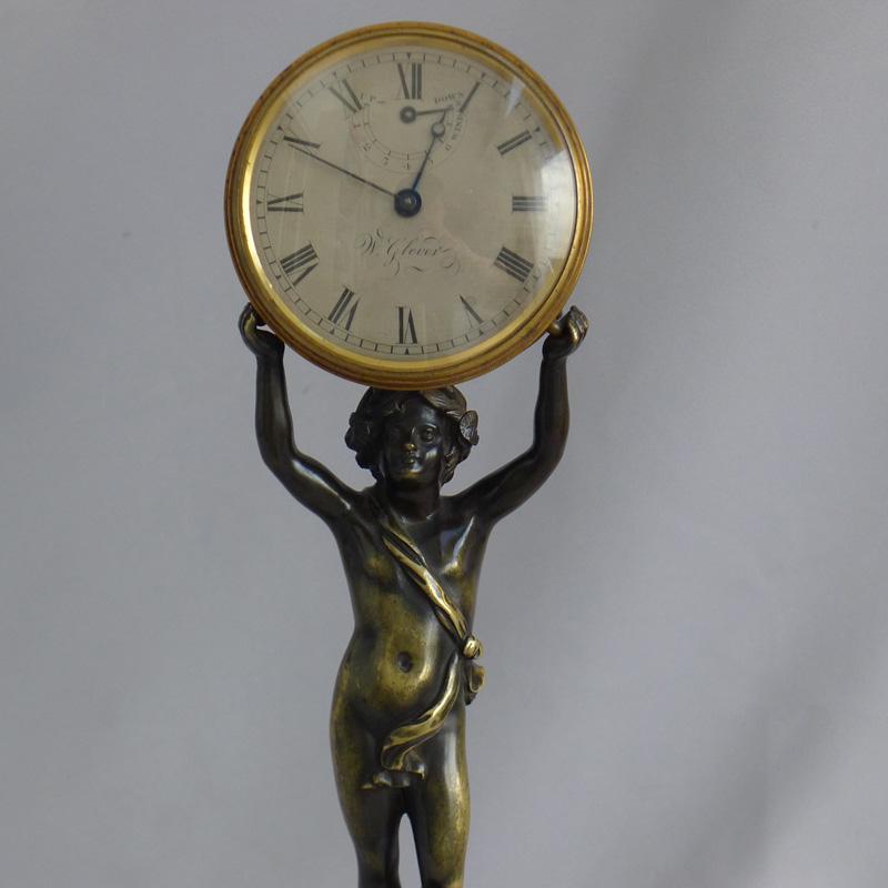 19th Century George III Patinated Bronze and Ormolu Figural Mantel Clock Signed W. Glover For Sale