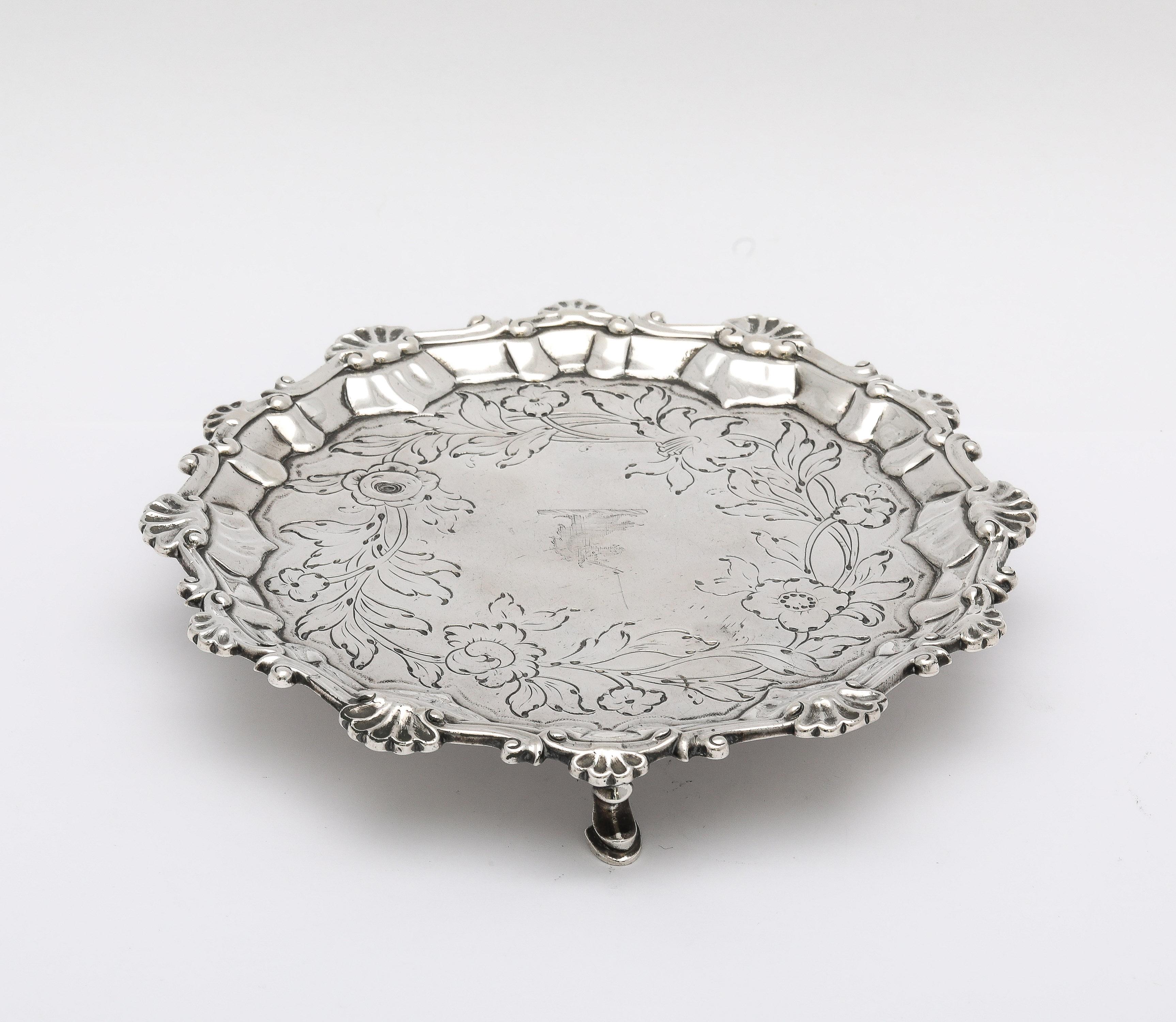 Mid-18th Century George III Period (1764) Footed Sterling Silver Salver/Tray For Sale