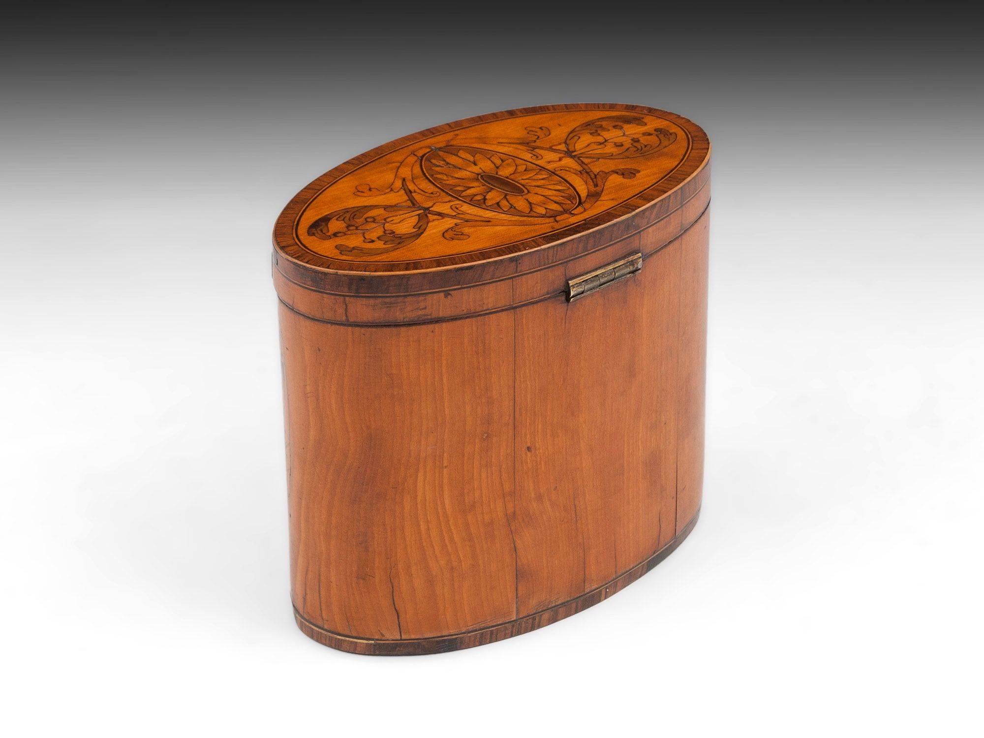 English George III Period 18th Century Sheraton Satinwood Inlaid Oval Tea Caddy