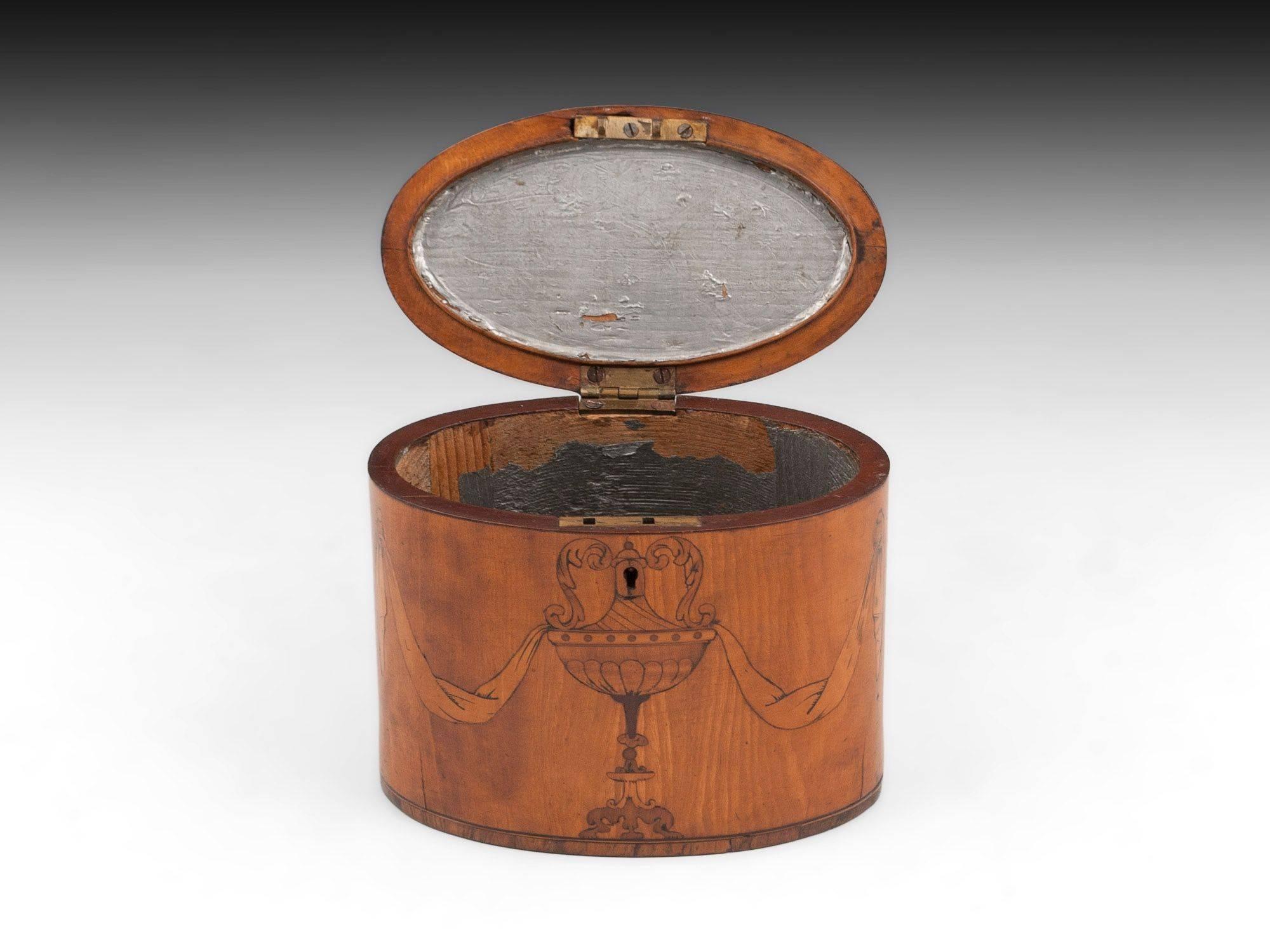 Late 18th Century George III Period 18th Century Sheraton Satinwood Inlaid Oval Tea Caddy