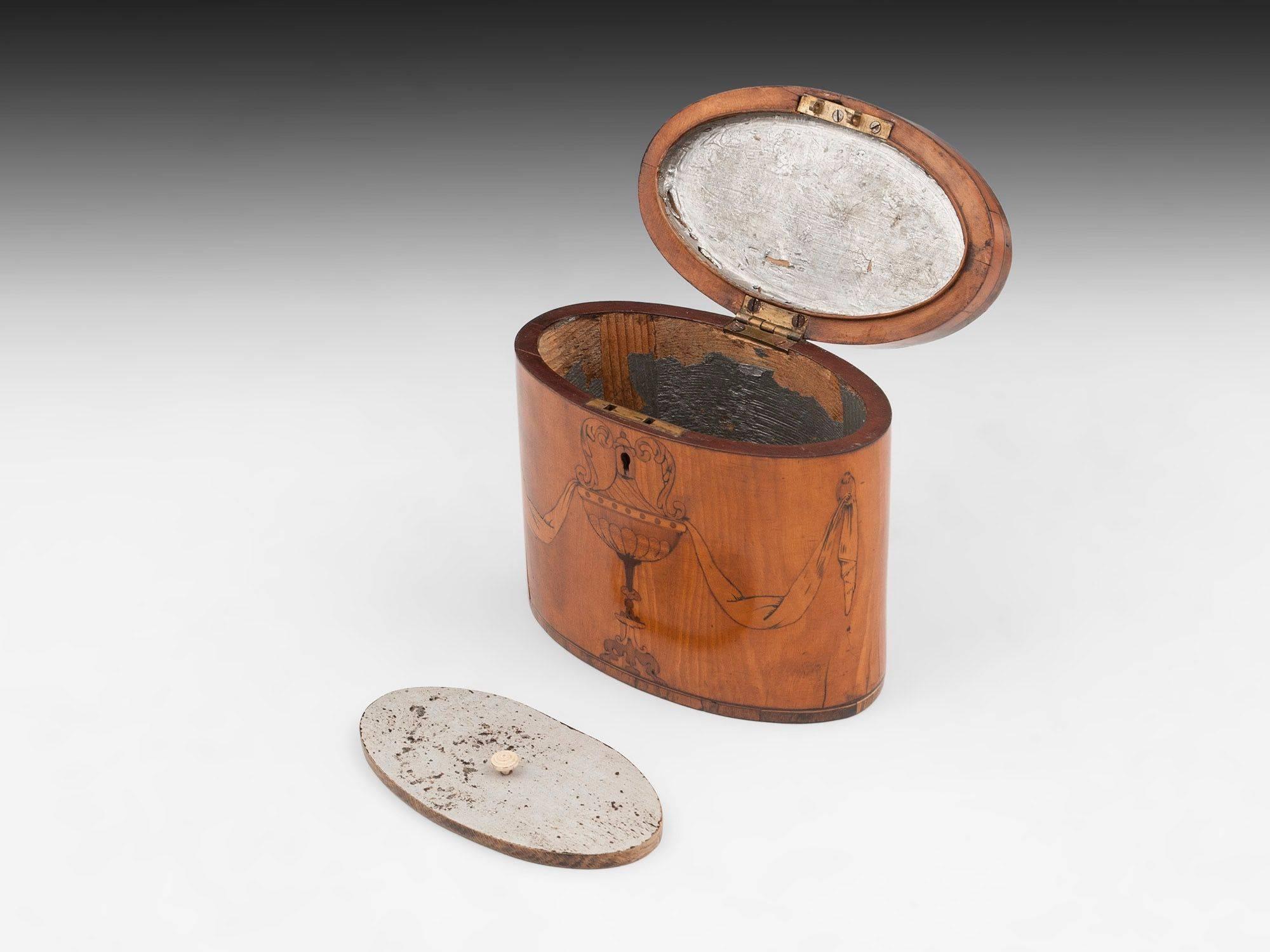 George III Period 18th Century Sheraton Satinwood Inlaid Oval Tea Caddy 1