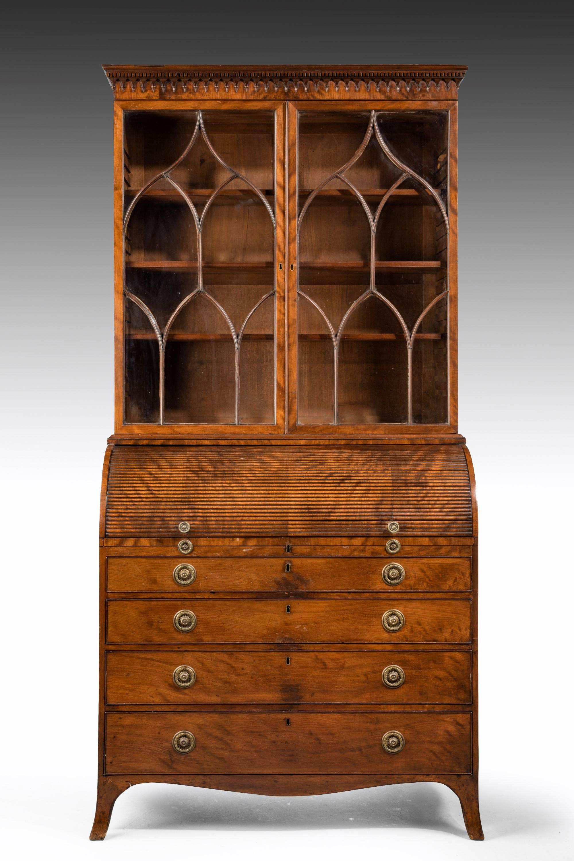 English George III Period Cylinder Secretaire Bookcase
