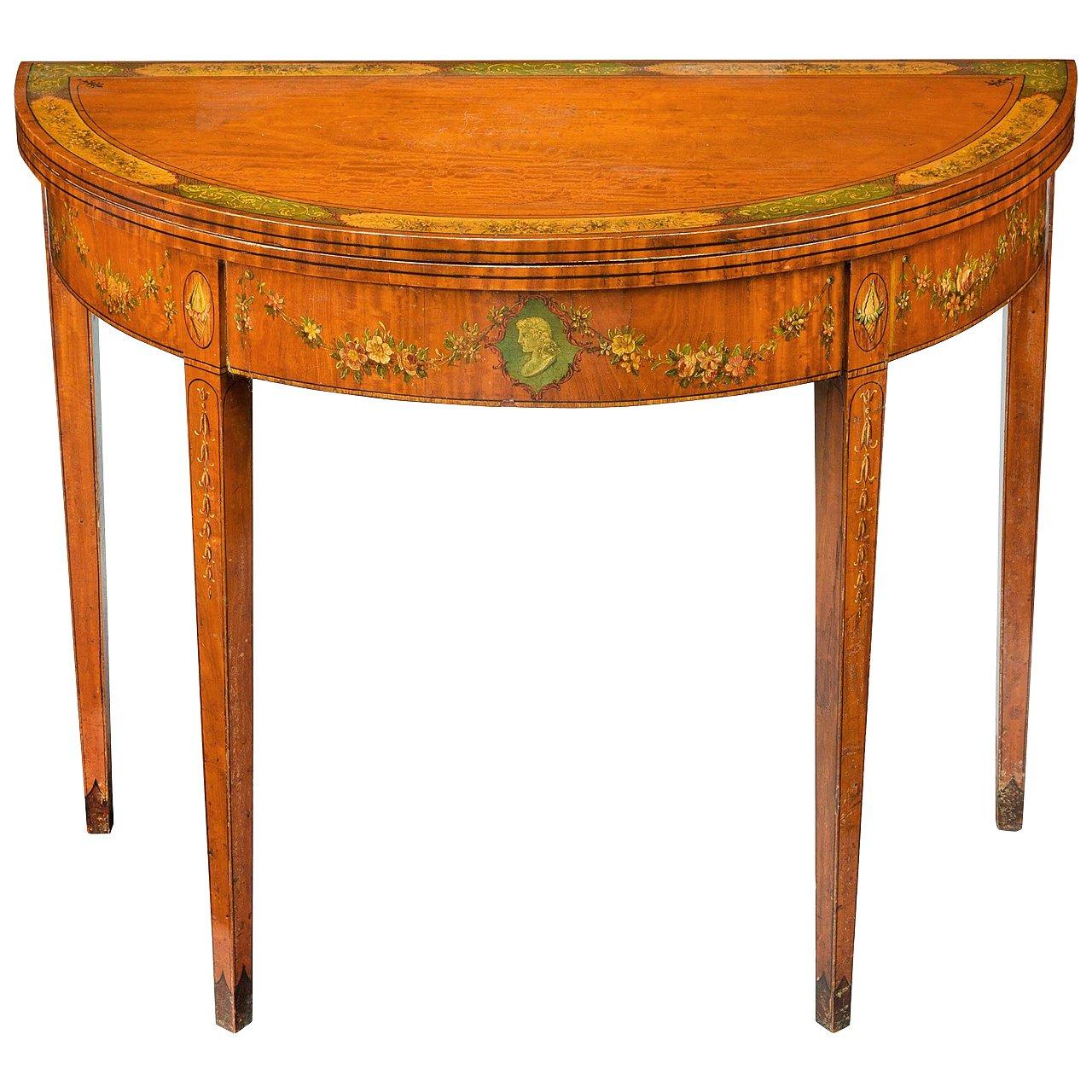George III Period Demilune Satinwood Card Table For Sale