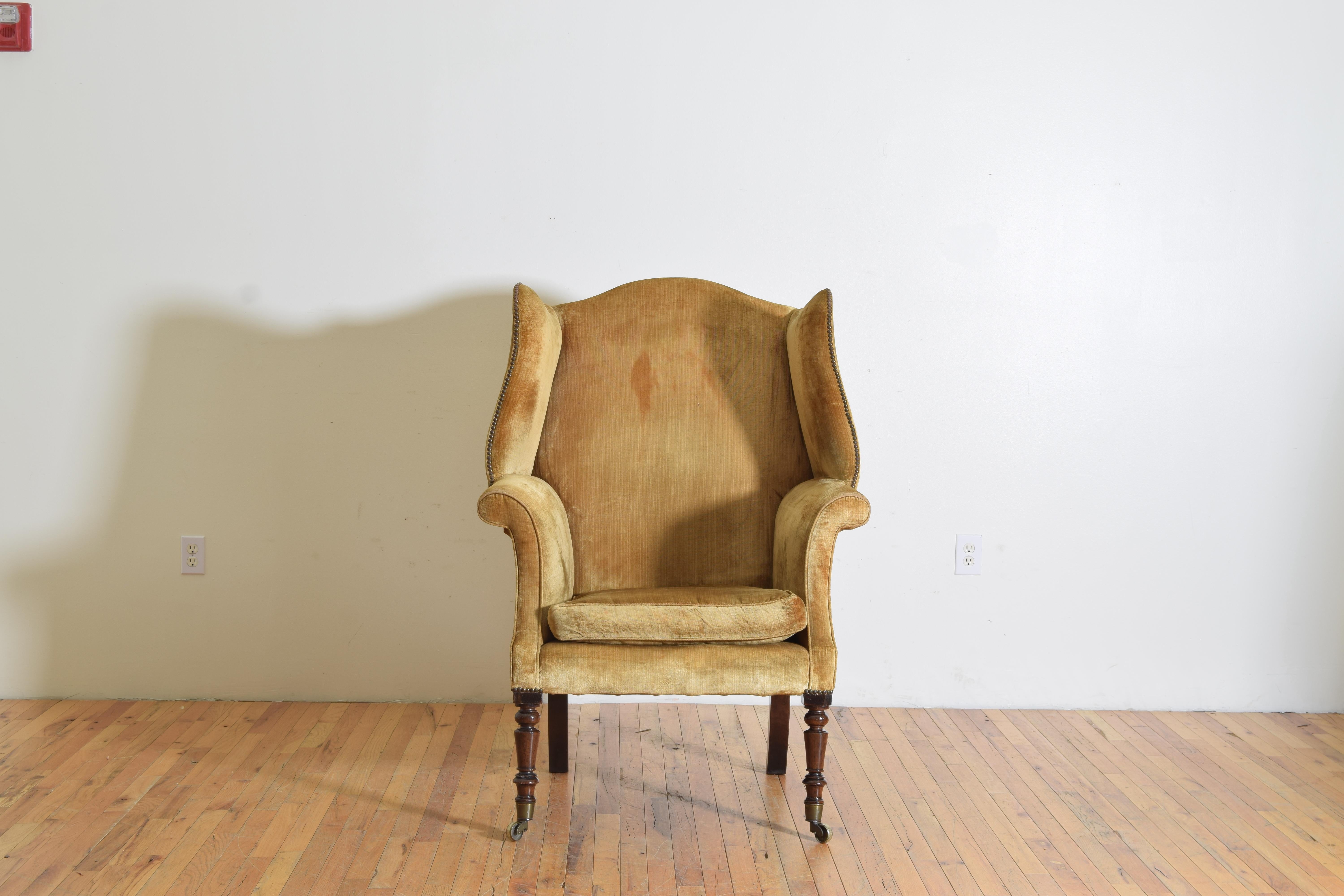 English George III Period Mahogany and Upholstered Wing Armchair,  Ca. 1800 For Sale