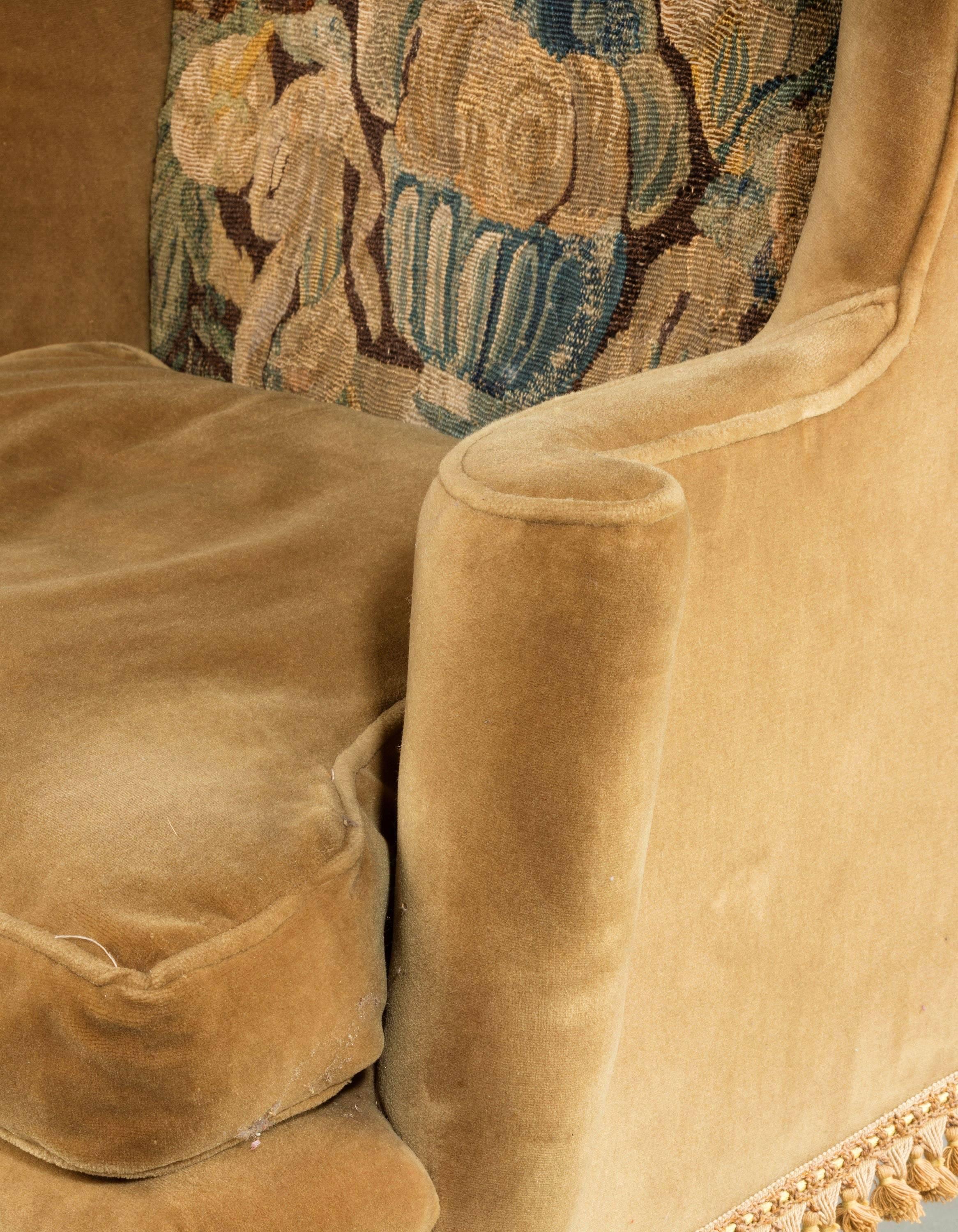 English George III Period Wing Chair Incorporating a Verdure Tapestry Panel