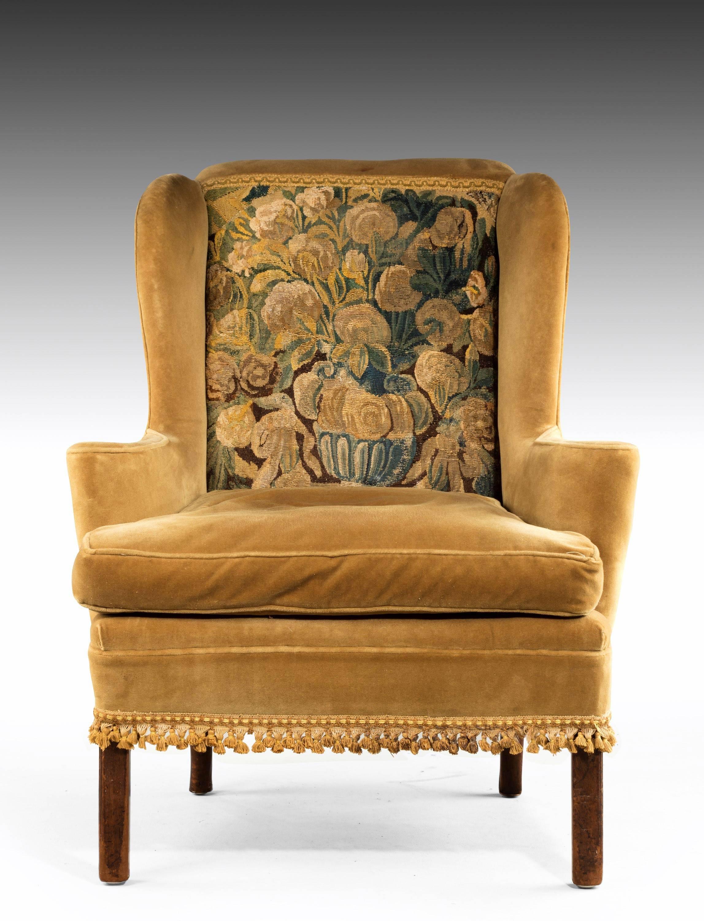 Mid-18th Century George III Period Wing Chair Incorporating a Verdure Tapestry Panel
