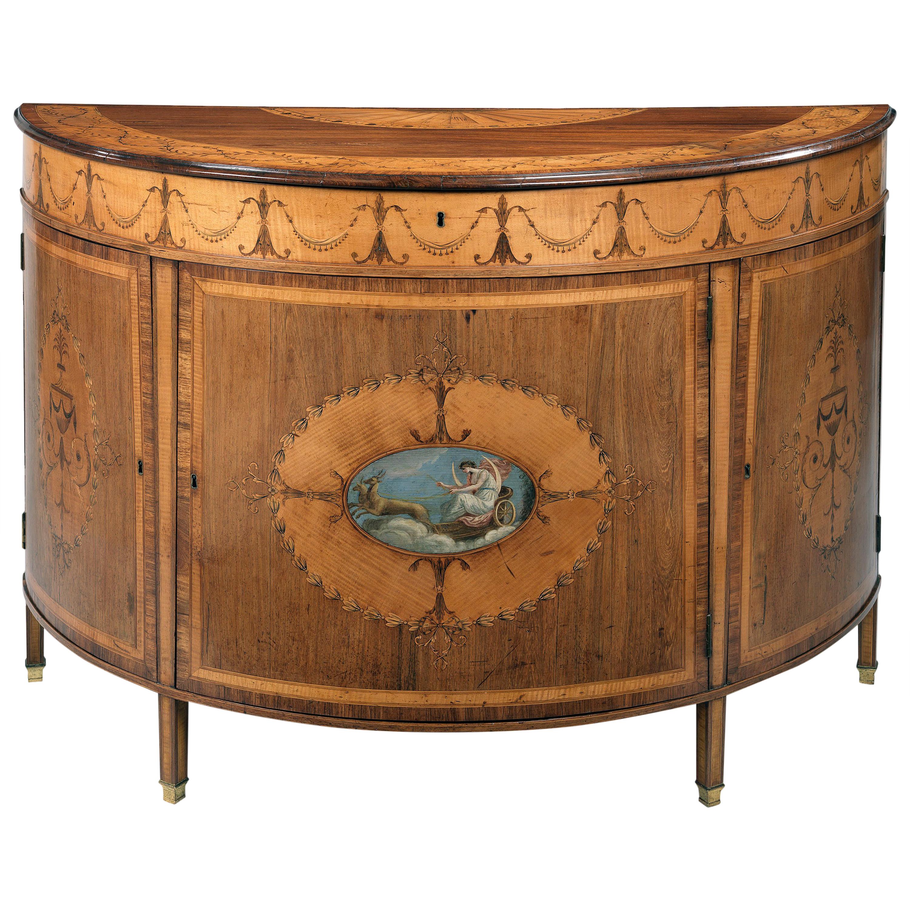 George III Polychrome-Decorated Marquetry Demilune Commode For Sale