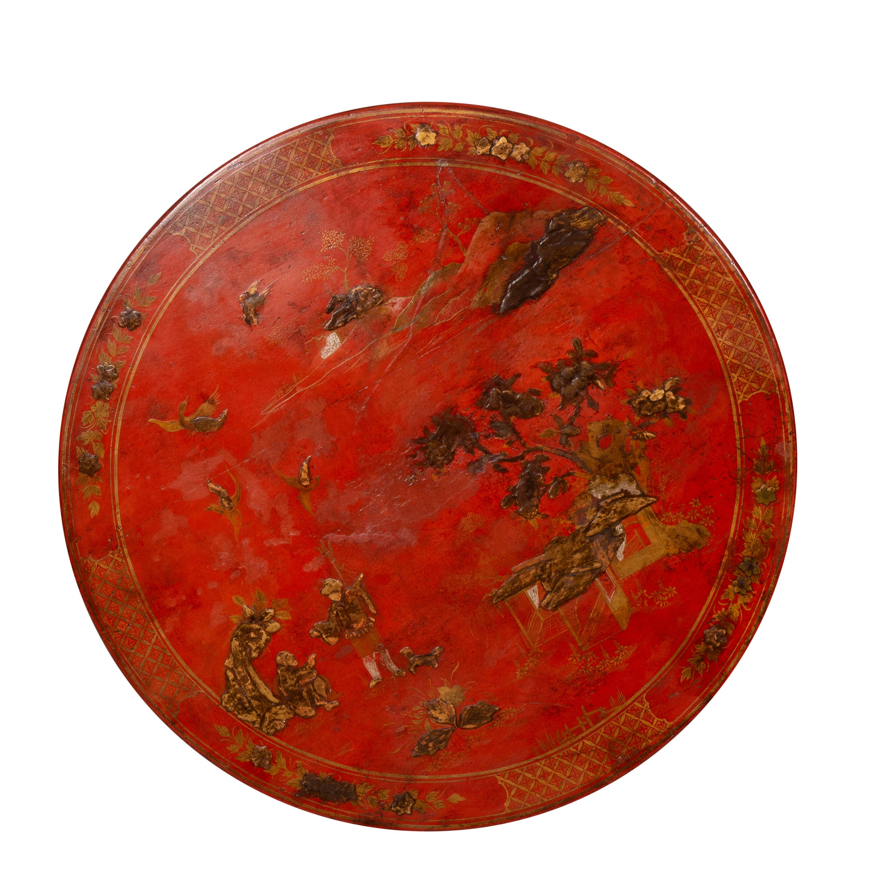 English George III Red Japanned and Gilded Tilt Top Table