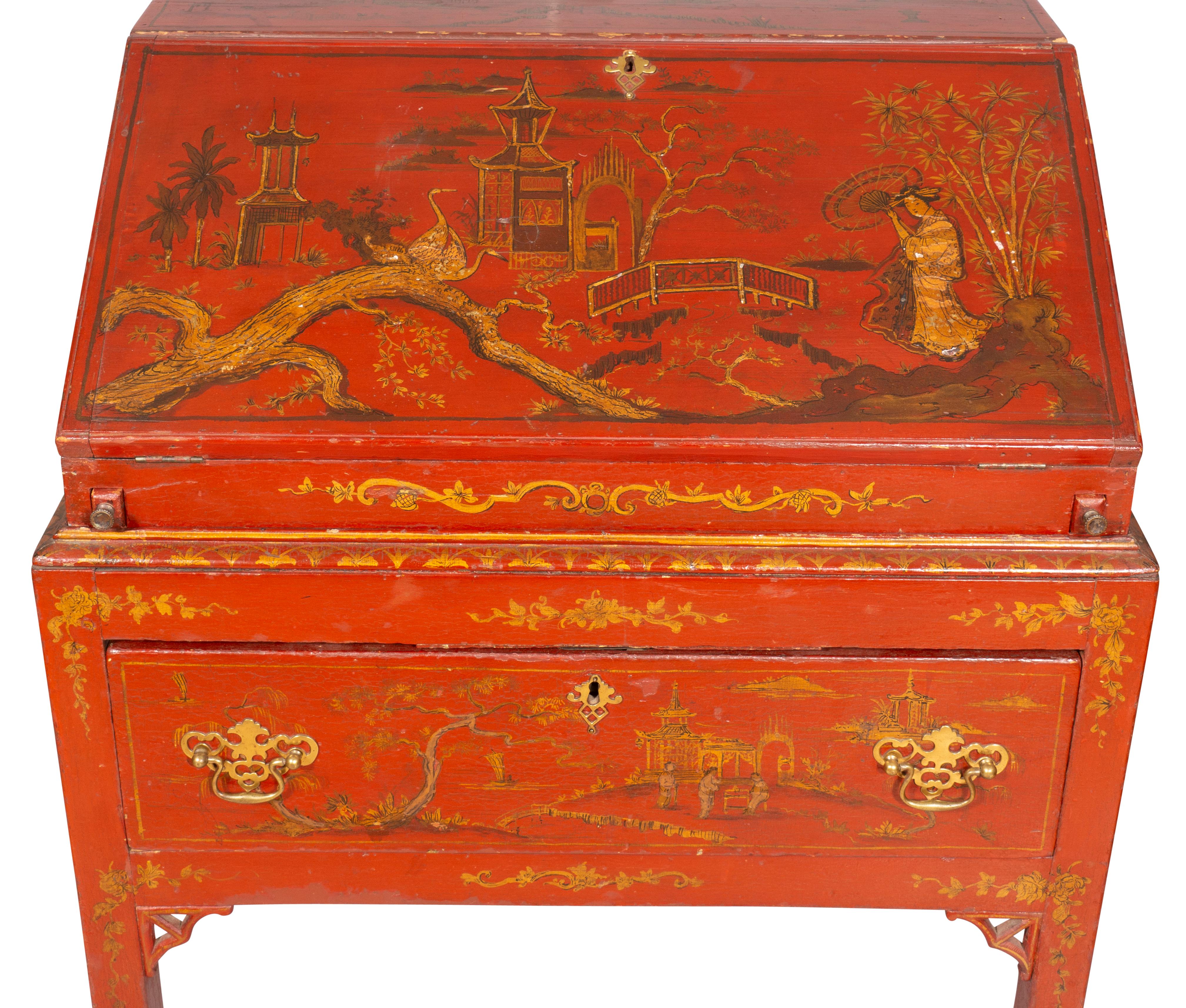 Schreibtisch mit schrägem Deckel aus rotem Japanglas, George III.-Zeit 8