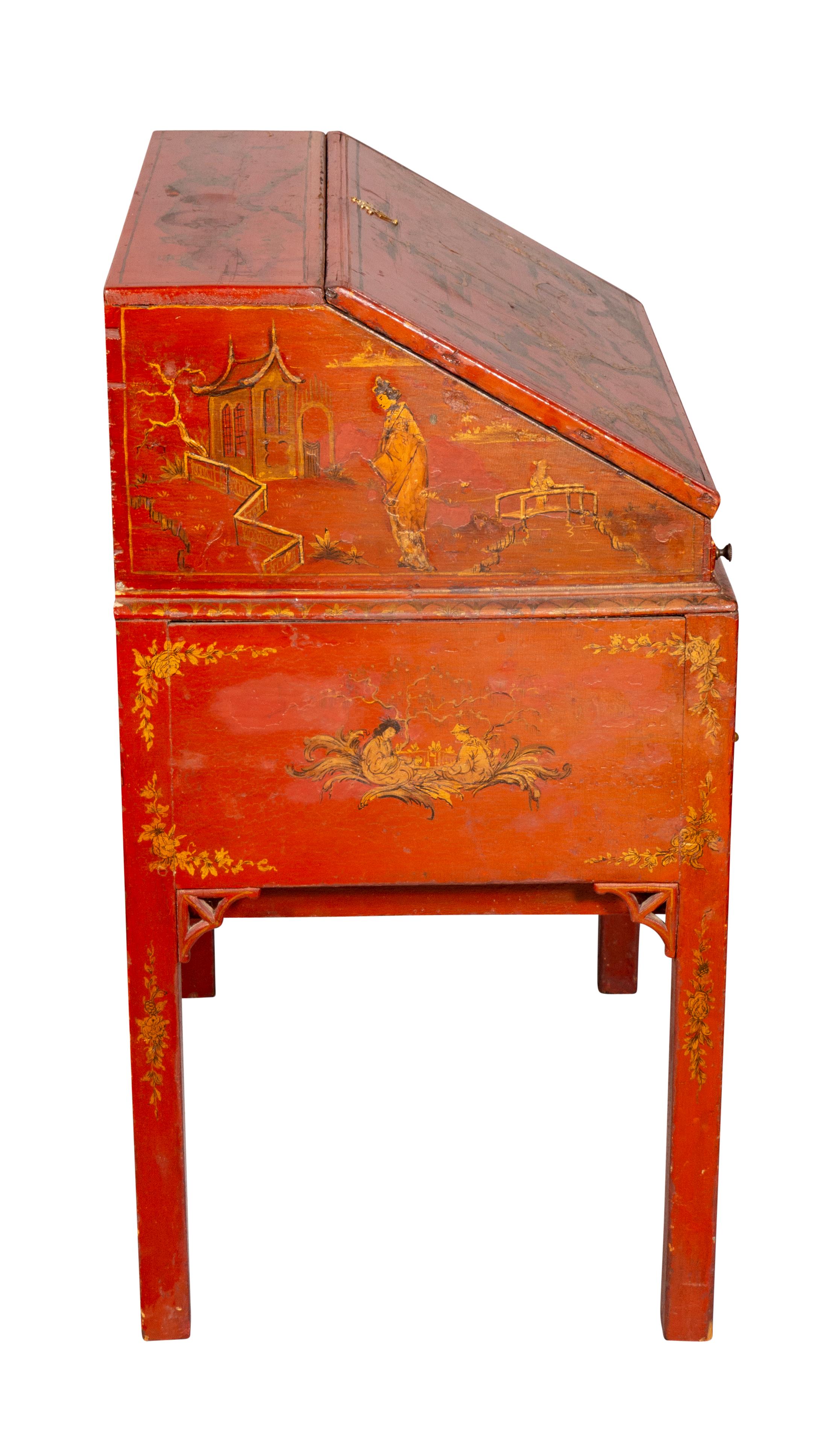 English George III Red Japanned Slant Lid Desk For Sale
