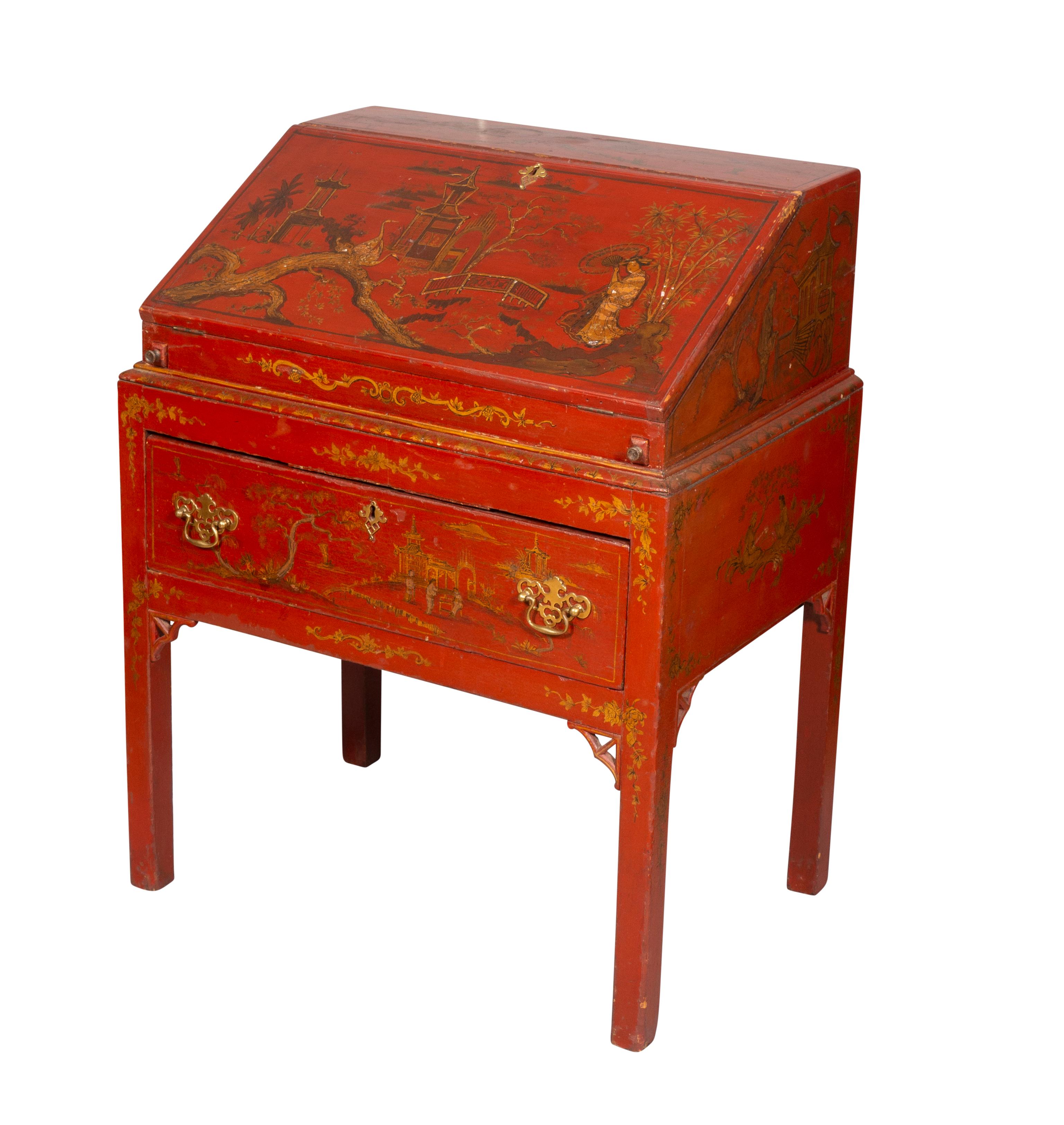 Late 18th Century George III Red Japanned Slant Lid Desk For Sale