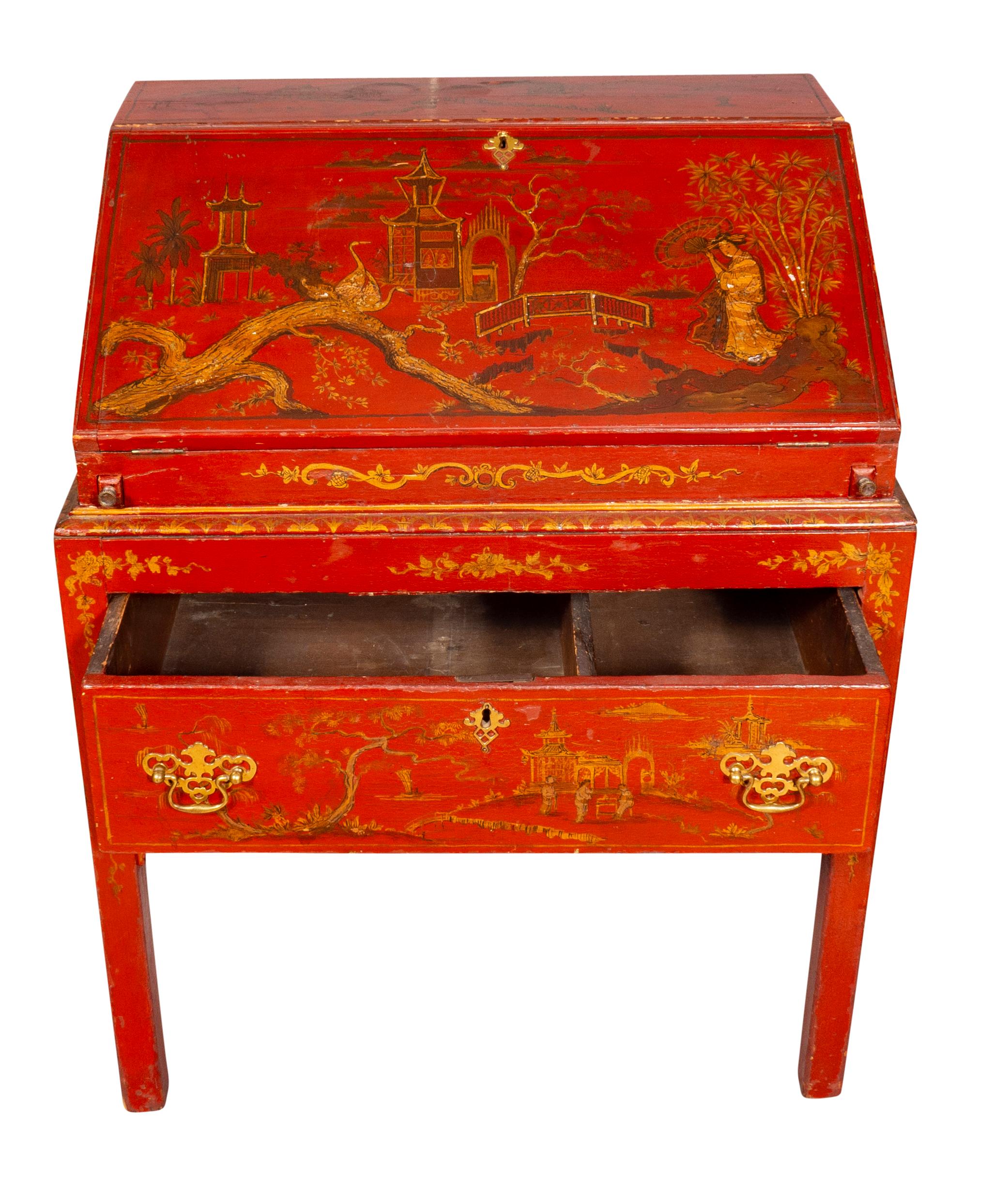 Pine George III Red Japanned Slant Lid Desk For Sale