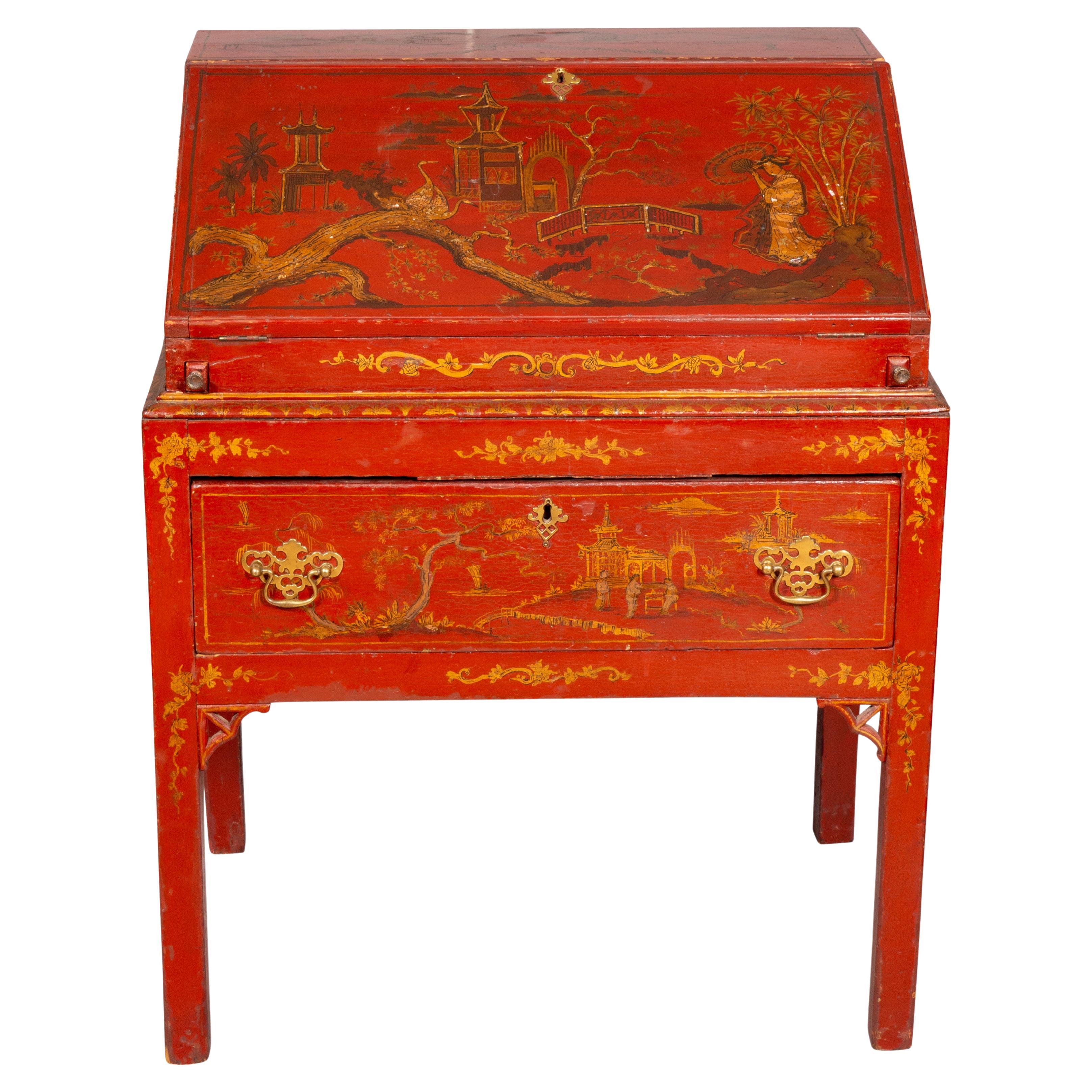 Schreibtisch mit schrägem Deckel aus rotem Japanglas, George III.-Zeit