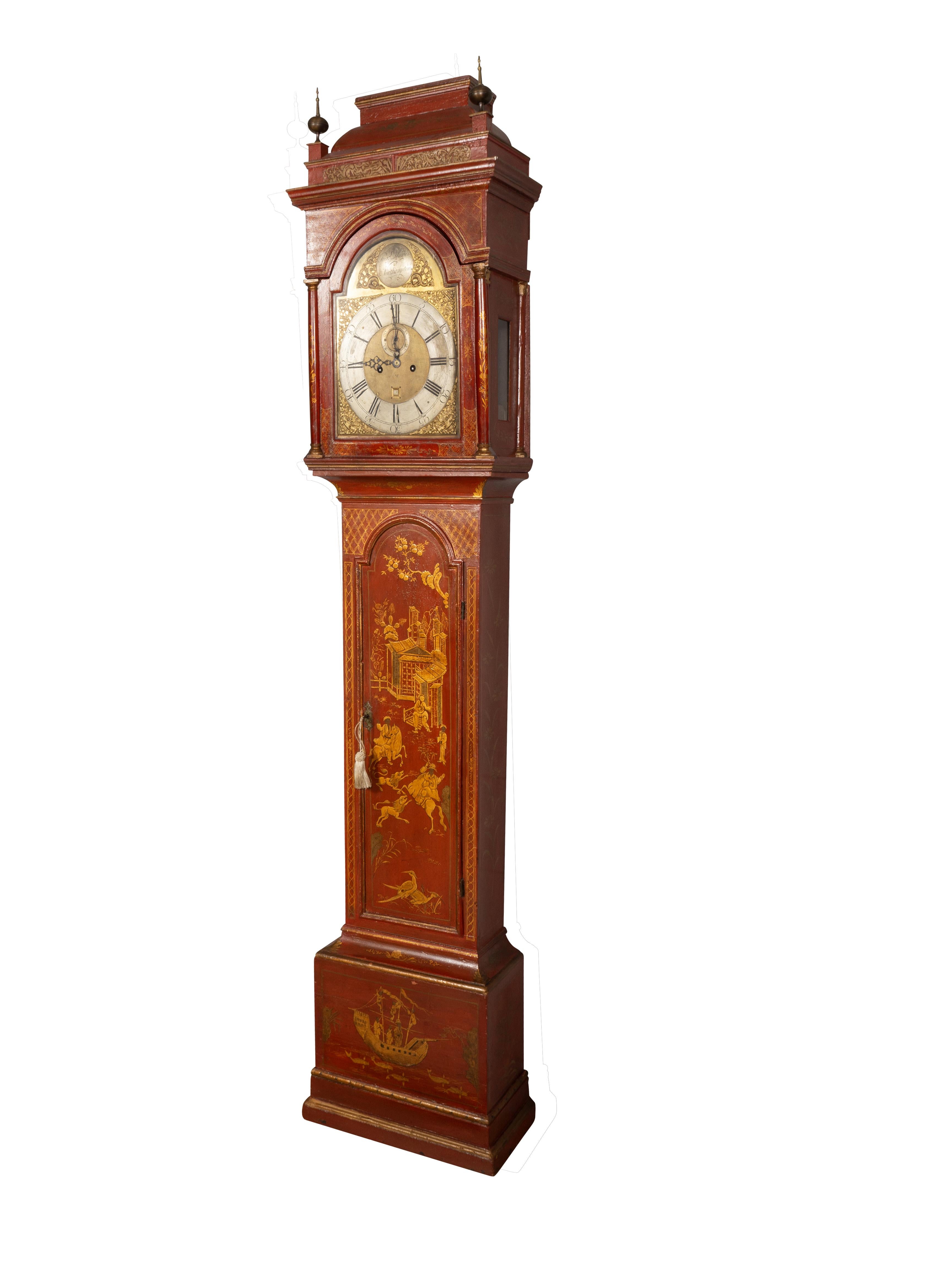 English George III Red Japanned Tall Case Clock