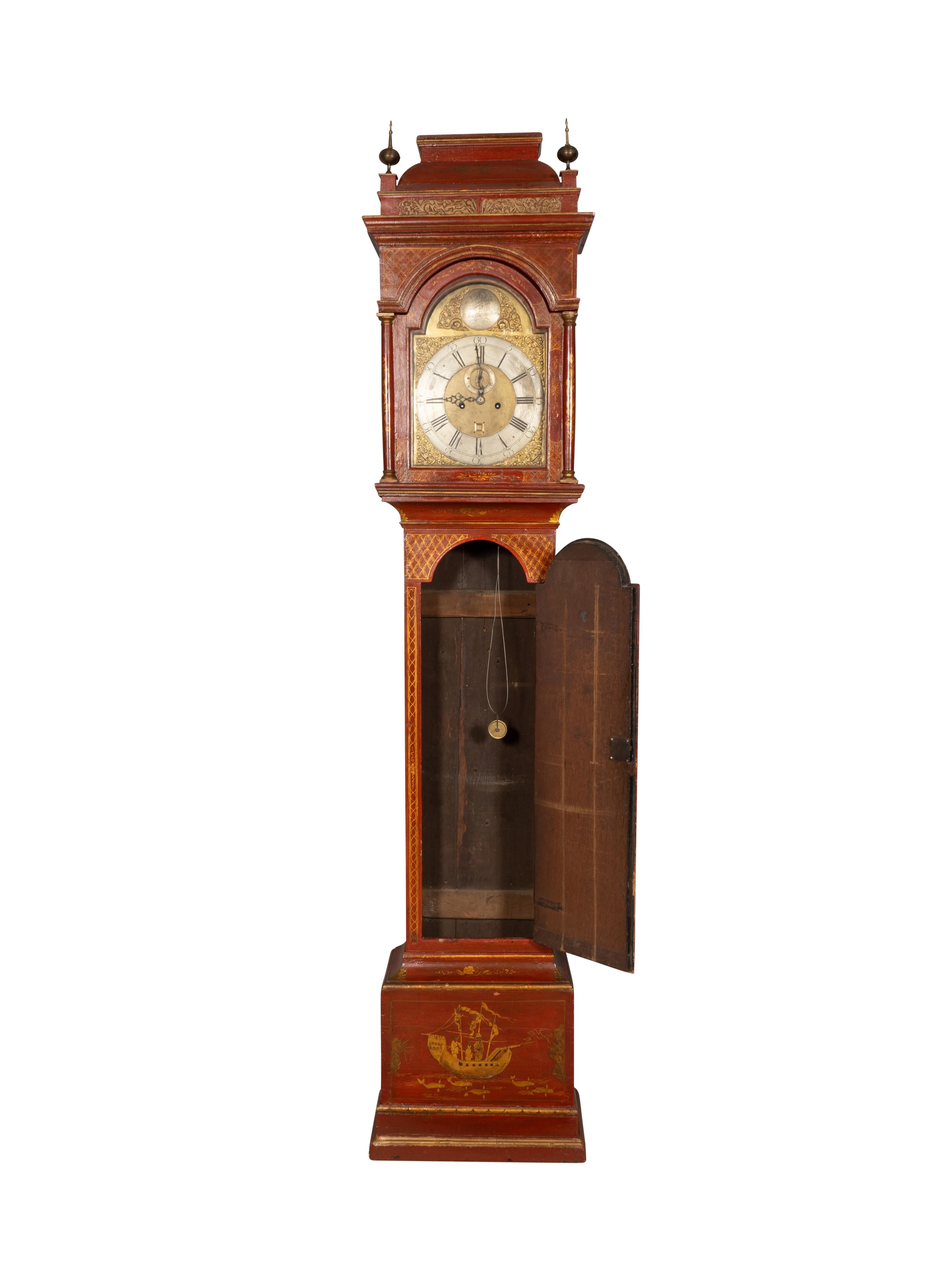 Hand-Painted George III Red Japanned Tall Case Clock