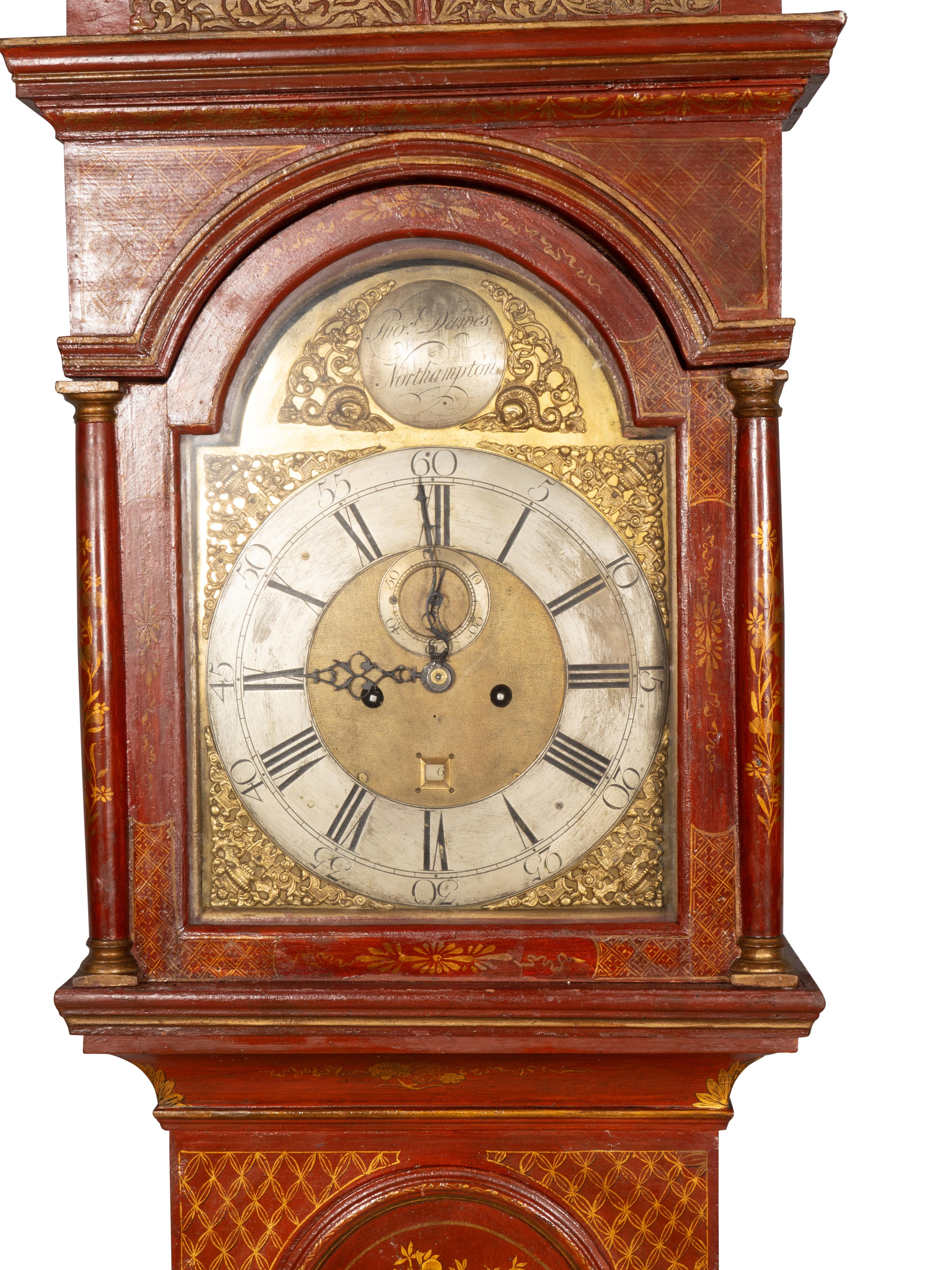 Wood George III Red Japanned Tall Case Clock