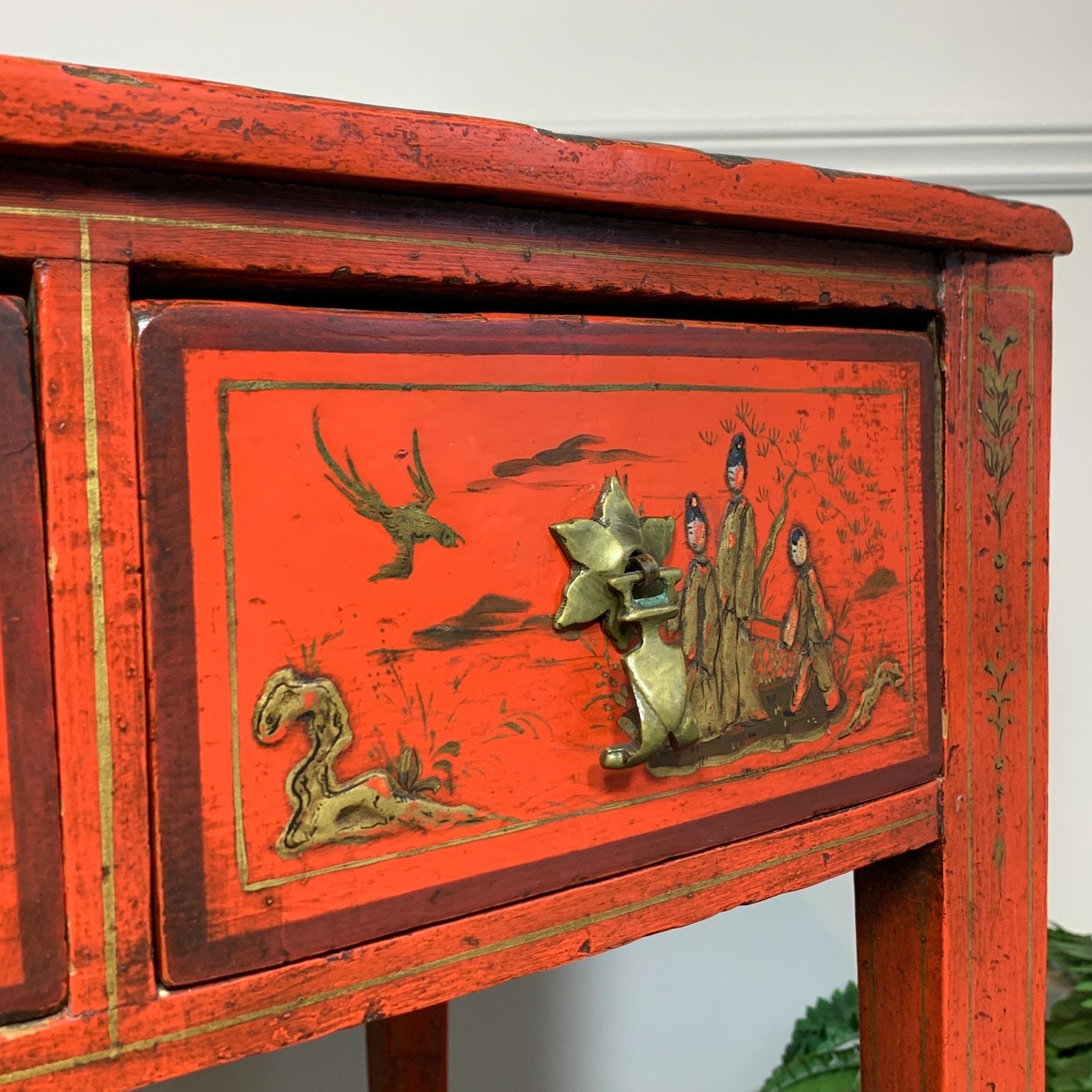 George III Red Japanned Writing Desk/Side Table with Chinoiserie Scenes For Sale 3