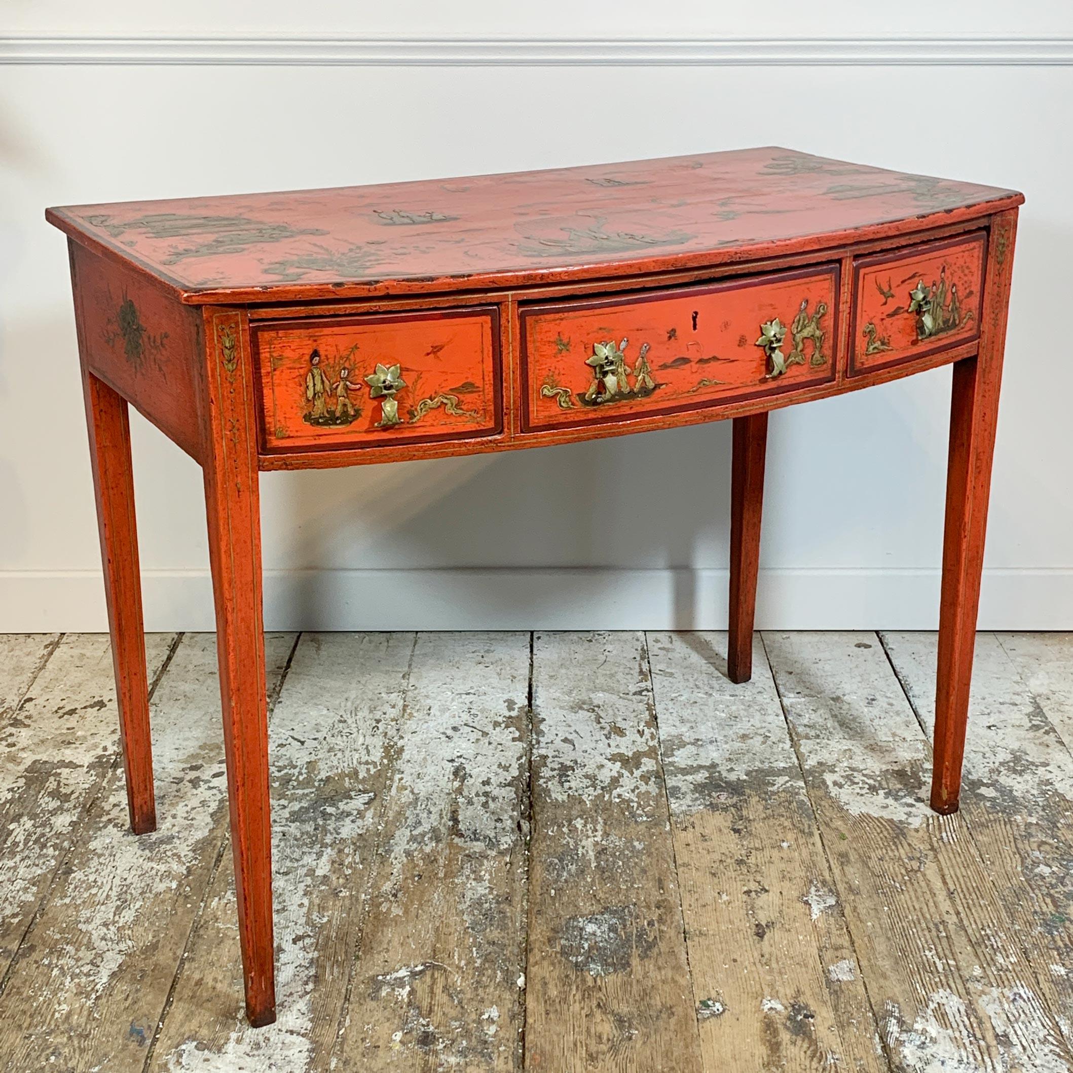 George III Red Japanned Writing Desk/Side Table with Chinoiserie Scenes For Sale 5