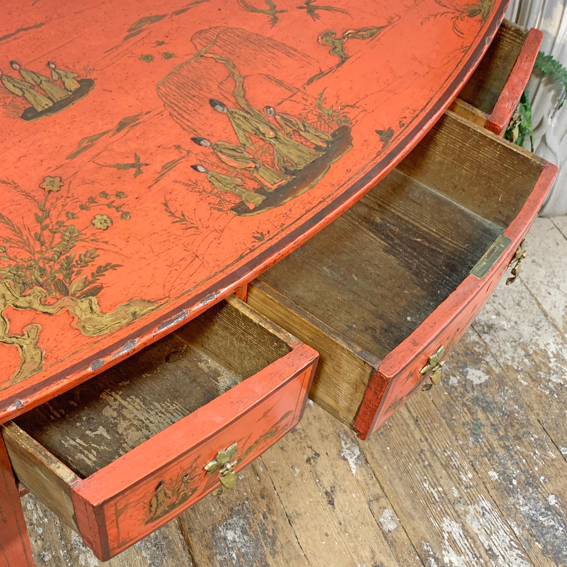 George III Red Japanned Writing Desk/Side Table with Chinoiserie Scenes For Sale 6