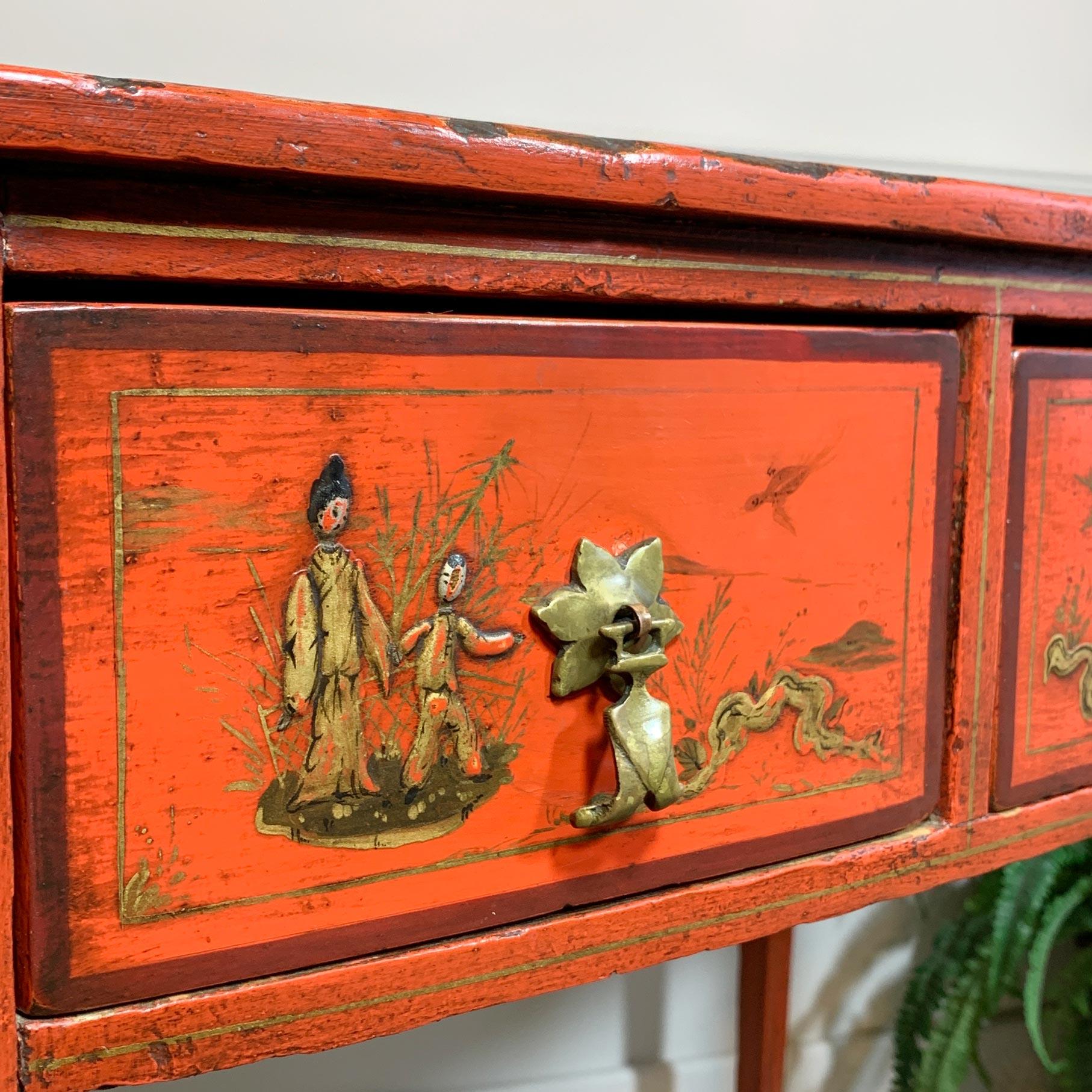 George III Red Japanned Writing Desk/Side Table with Chinoiserie Scenes For Sale 7