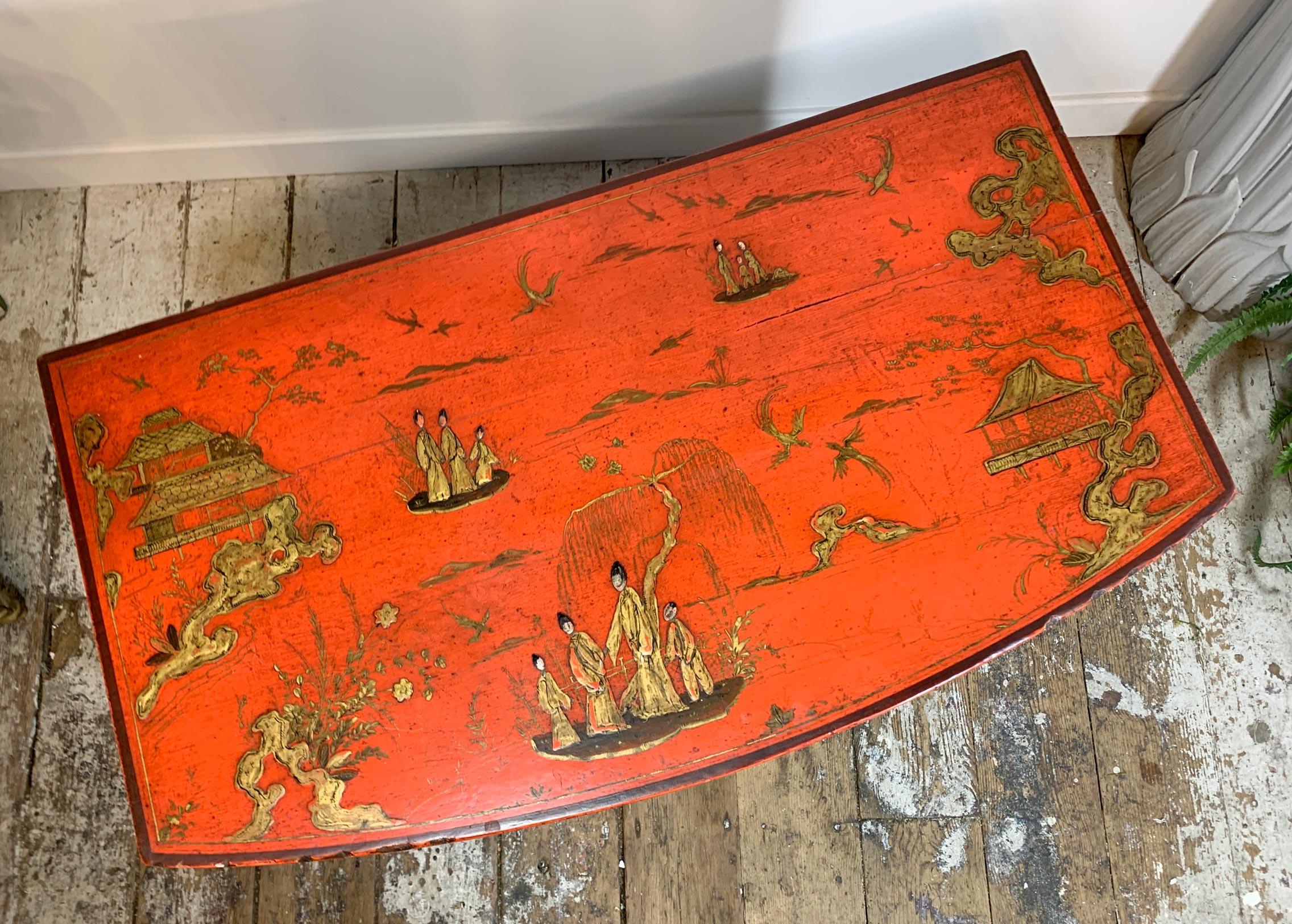 George III Red Japanned Writing Desk/Side Table with Chinoiserie Scenes For Sale 8